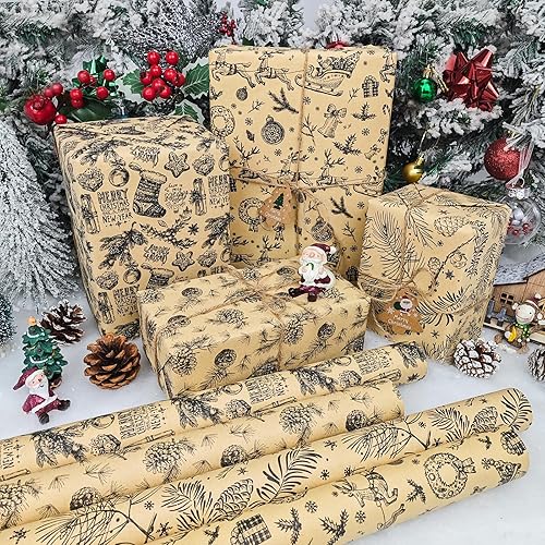 Miniatura 2 de LDGOOAEL Papel de regalo de Navidad, papel Kraft, diseños de bastones de caramelo, medias y estroboscópicos, 4 rollos de 30 pulgadas x 10 pies por