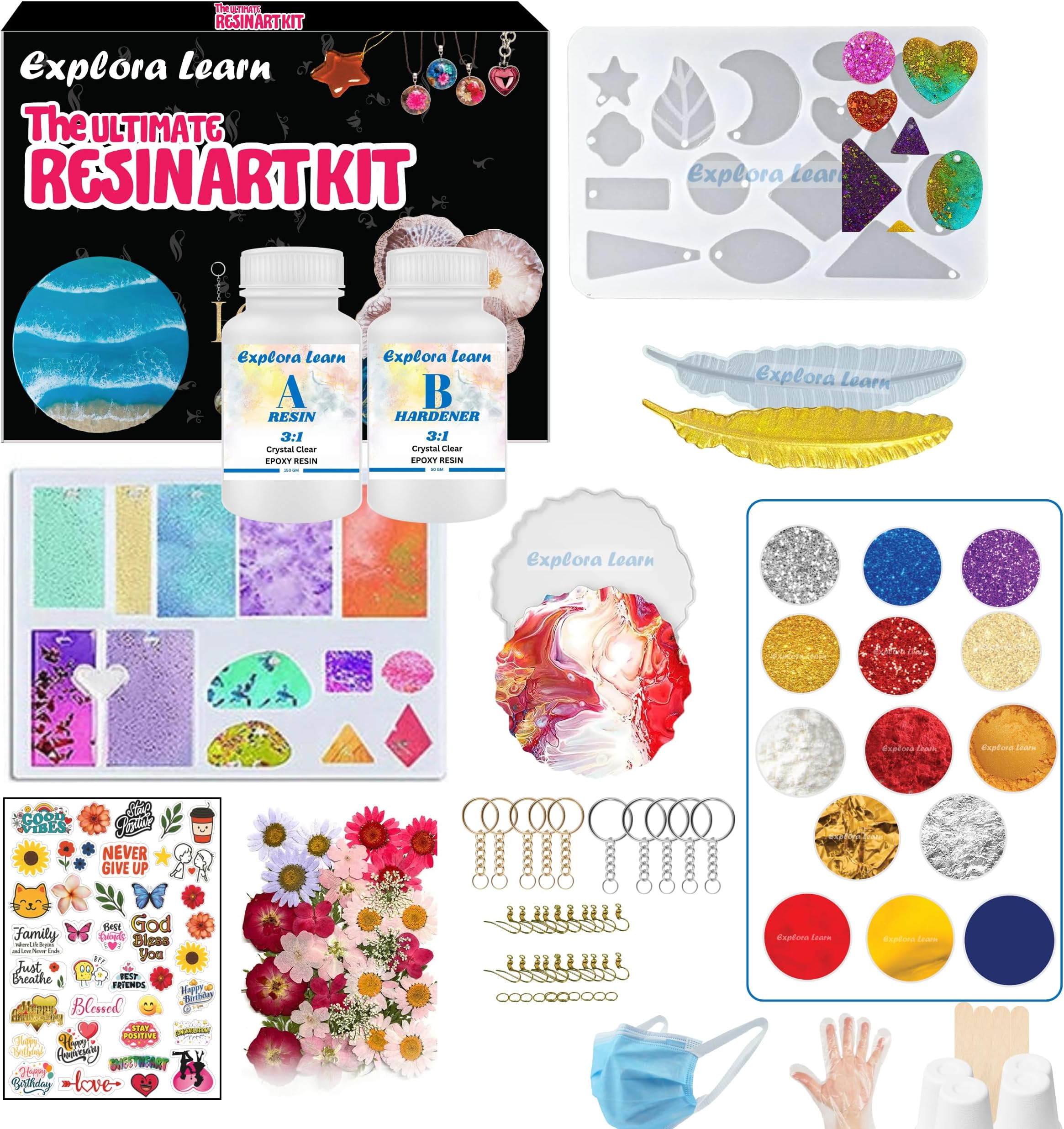 exploralearn Resin Art Kit โ DIY Jewelry Making, Earrings, Keychains, Coasters & Bookmarks | 200g Clear Epoxy Resin, Silicone Moulds, Mica Powders, Glitters, Pigments & Flakes | Multicolor