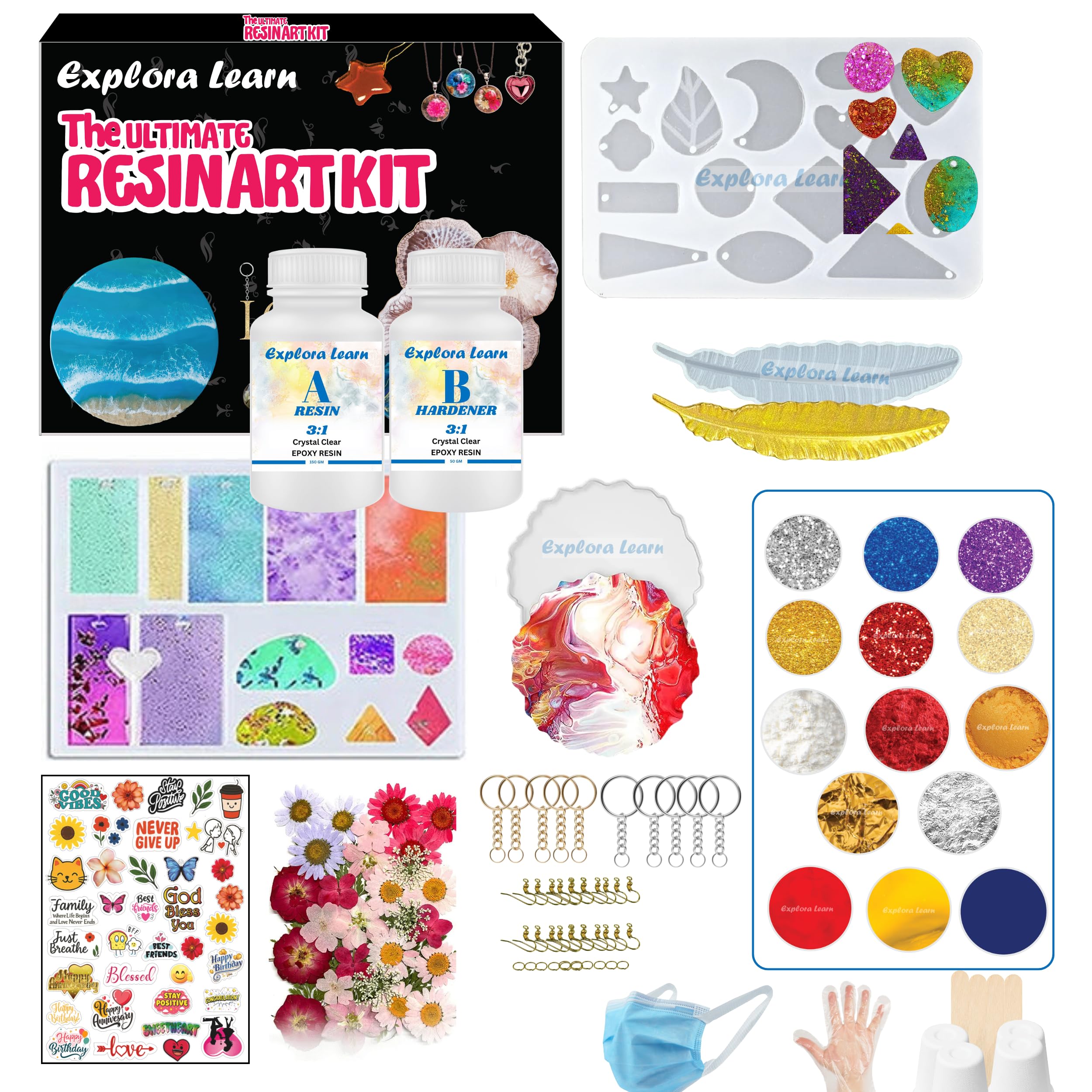 exploralearn Resin Art Kit – DIY Jewelry Making, Earrings, Keychains, Coasters & Bookmarks | 200g Clear Epoxy Resin, Silicone Moulds, Mica Powders, Glitters, Pigments & Flakes | Multicolor