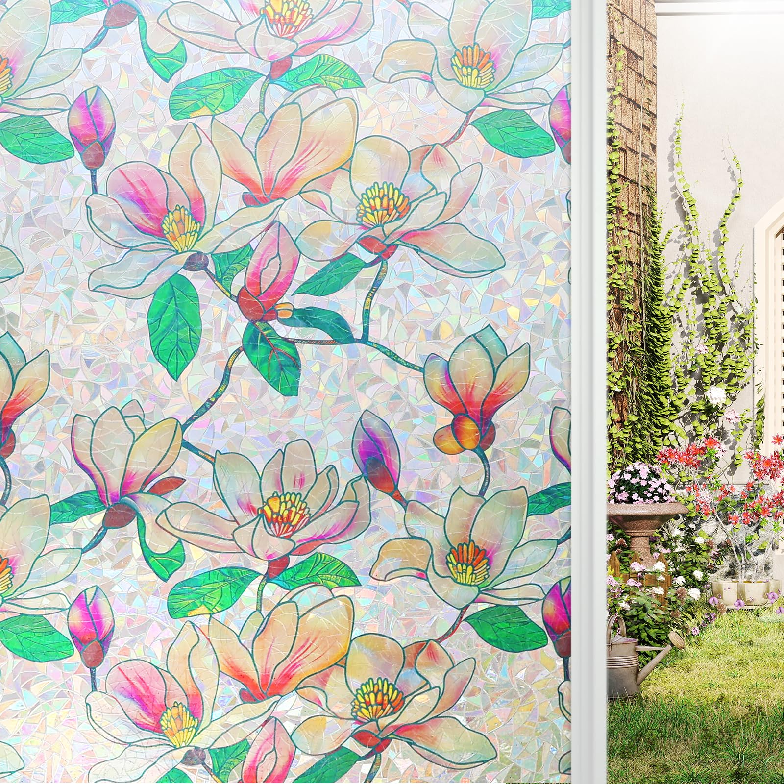 ConCus-T Magnolia Flower Window Privacy Film Self Adhesive Vinyl Static Cling Sun Blocking Glass Door Covering, Pink, 90 x 200 cm