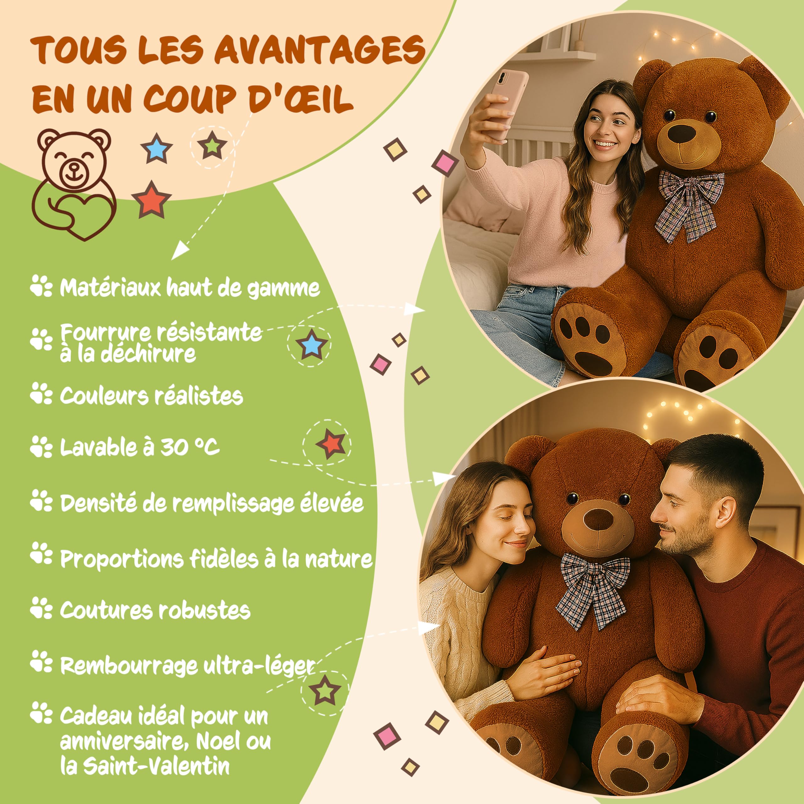 Monzana® Ours en Peluche Très Douce avec Noeud Papillon - Nounours 150cm Brun - Doudou Mignon Petit Ours Brun - Idée Cadeau Noël, Anniversaire, Saint-Valentin, Jouet Enfant