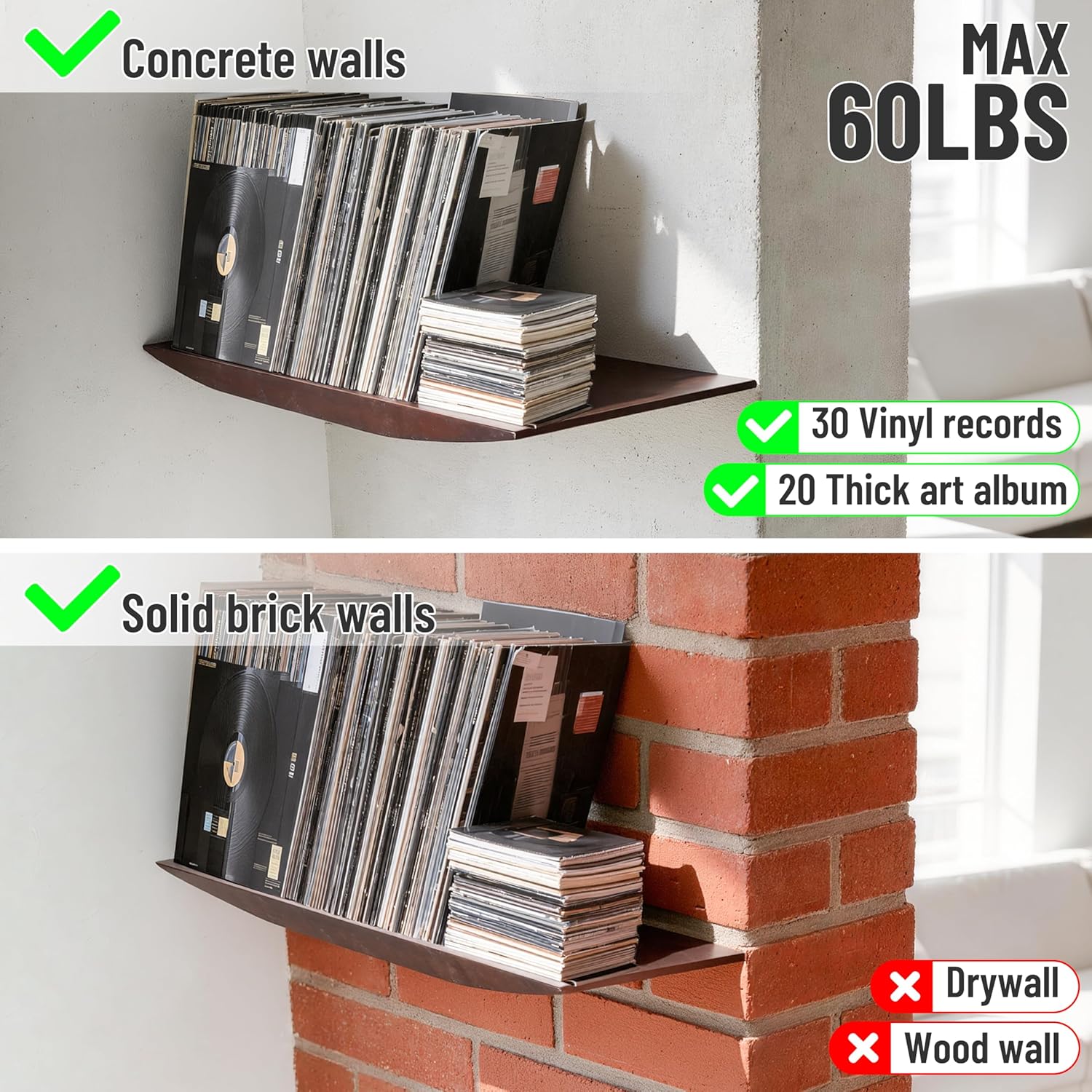 Floating Shelves for Concrete Wall: Solid Wood Shelf 15.75 and 23.6 inch with Heavy Duty Hidden Bracket for Display Books Plants Vinyl Ceramics Collectibles (Walnut)