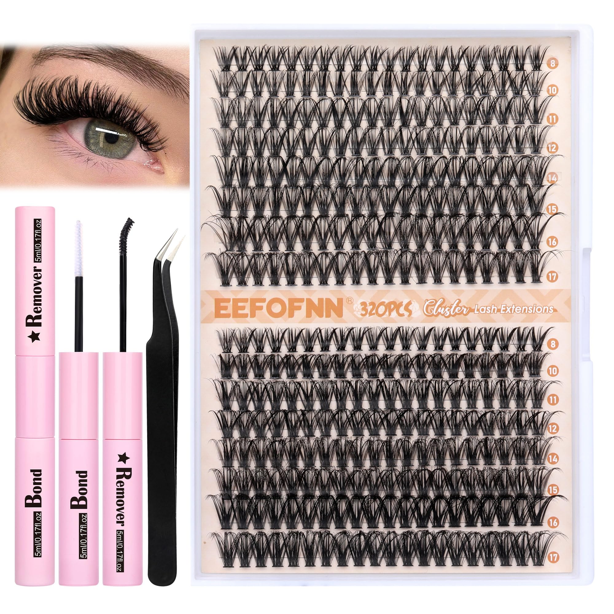 EefofnnDIY Lash Extension Kit 320pcs Lash Clusters Kit Natural Individual Eyelashes with Lashes Bond and Remover, Tweezers D Curl Eyelash Extensions Kit DIY at Home (40D+50D 8-17MIX)