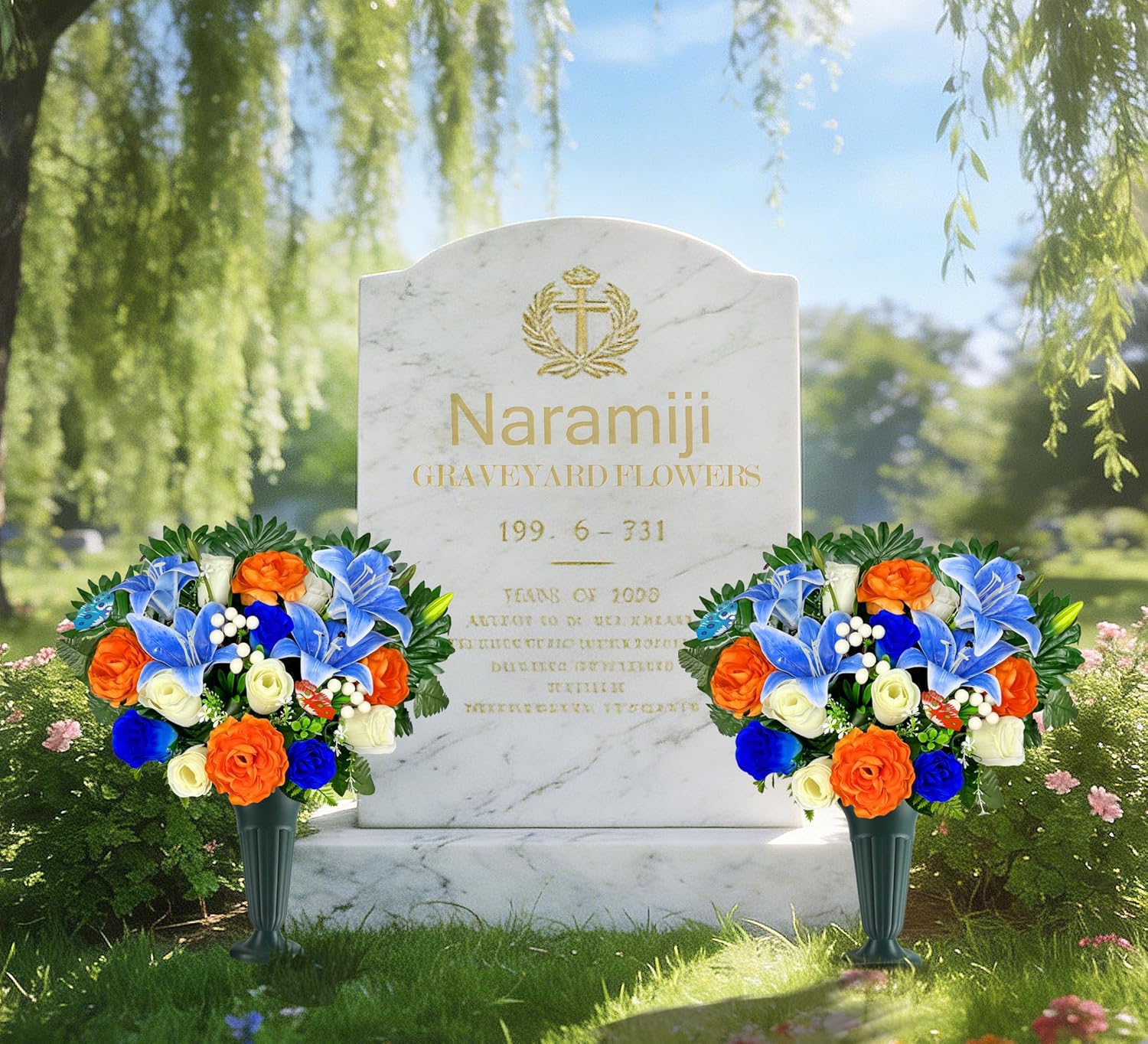 Artificial Cemetery Flowers for Grave Vase - Gravesite Flowers,Headstone Decorations with Blue Lily White Rose Mix Bouquet