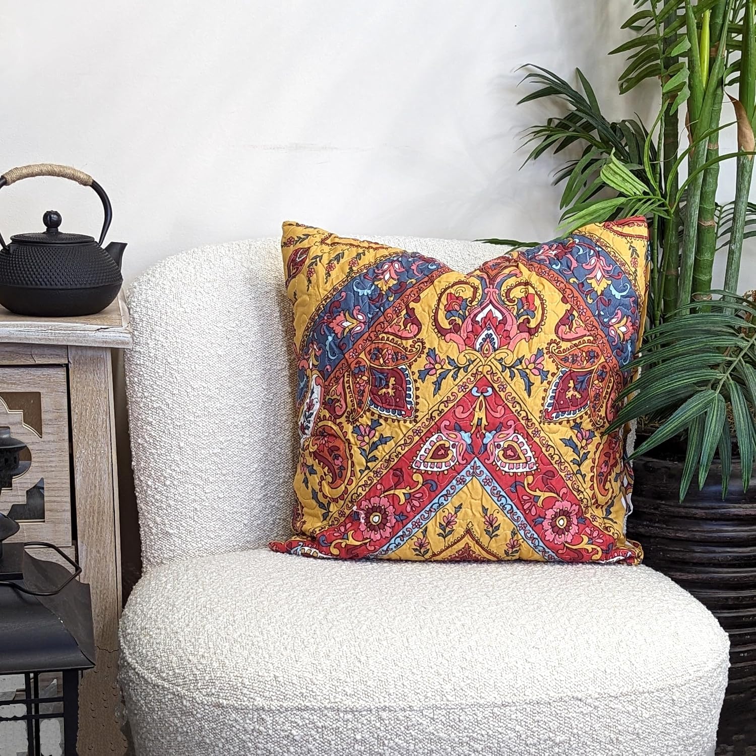 Tache 18 inch Throw Pillow Hanging Gardens Bohemian Chic Exotic Burnt Orange Yellow Red Blue - Floral Colorful Paisley Chevron Decorative Pillow Covers Throw - 2 Pieces - 18x18