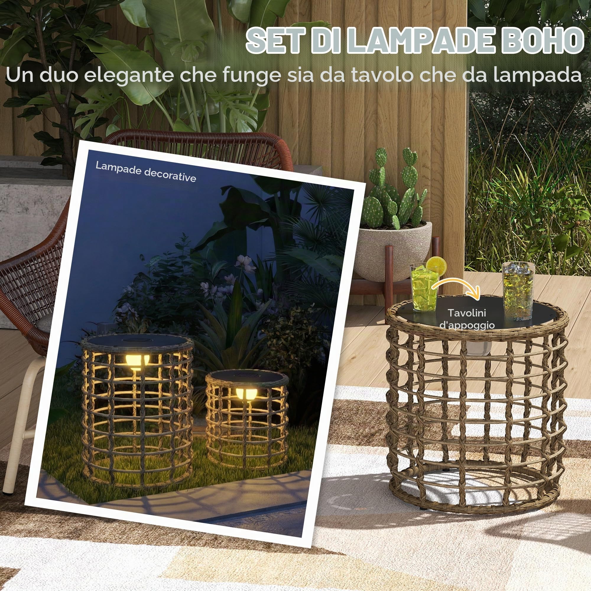 Outsunny Set di 2 lampade solari a energia solare in rattan con sensore di luce, lampada solare a LED in stile boho, IP44, impermeabile, per giardino, balcone, esterno, prato, cortile