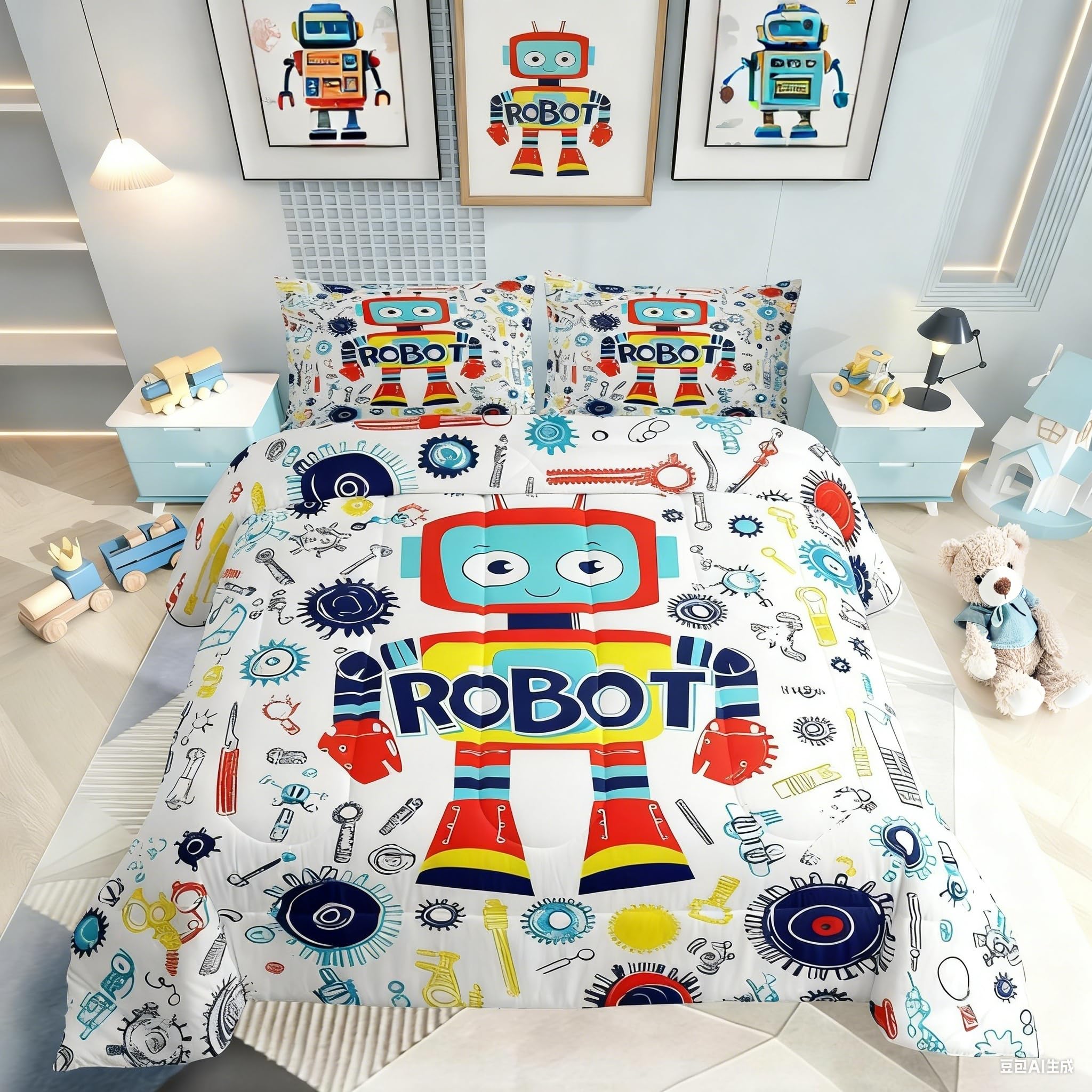 Erosebridal Boys Cartoon Robot Bedding Set Colorful Robot Pattern Twin Comforter Set for Kids Teens Outer Space Down Comforter Kawaii Decor Bedding