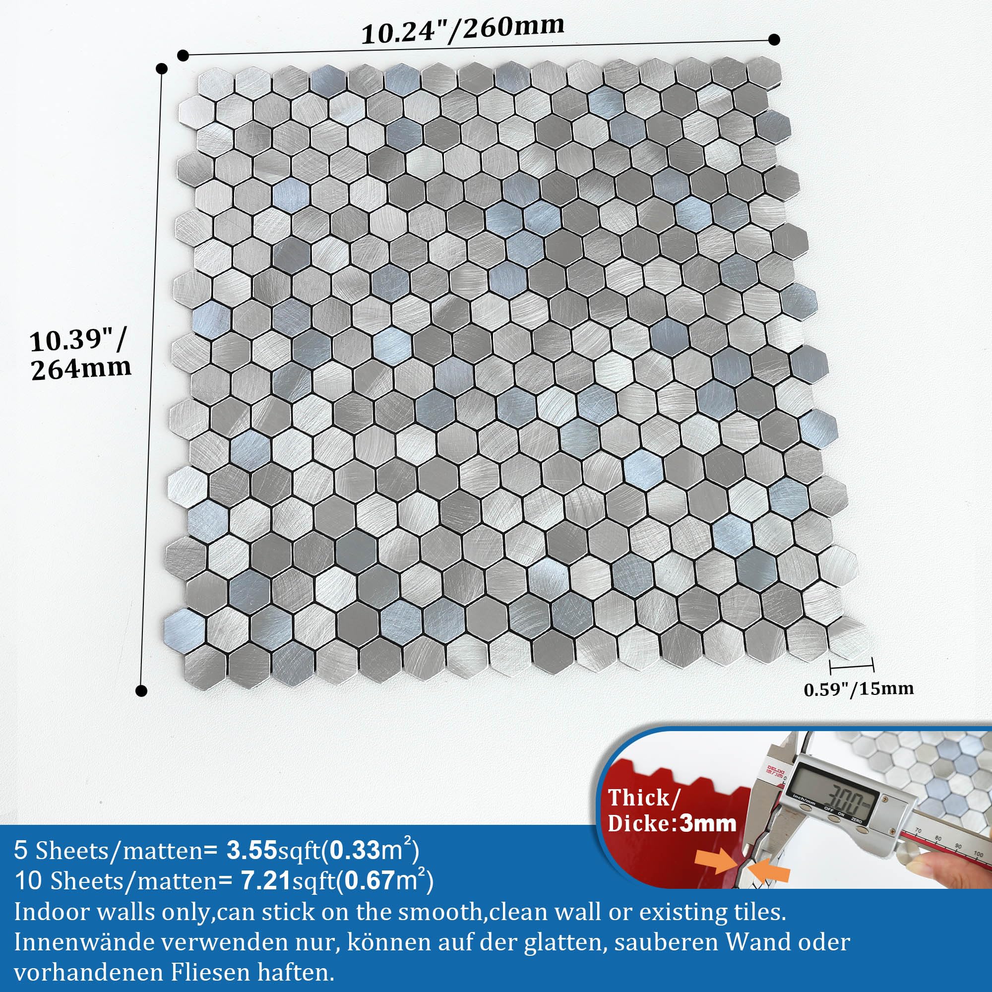 Selbstklebende Wandfliesen Küche Sechseckige Kaminfliesen Hitzebeständig Blau Grau 10 Stück