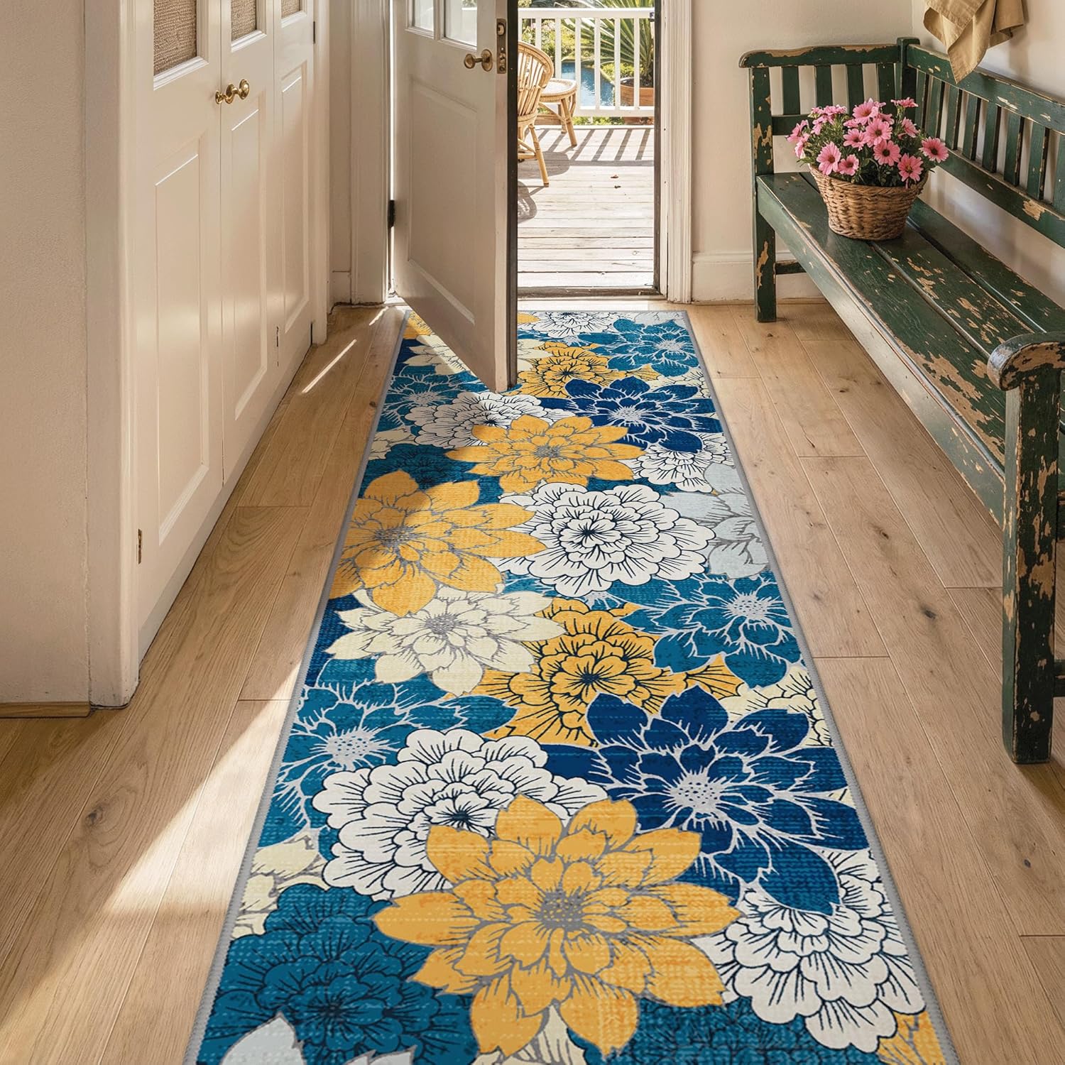 GENIMO 2’x10’ Indoor Outdoor Runner Rug for Hallway, Washable Waterproof Bedside Rugs, Non-Slip, Floral Mat Carpet for Patio, Living Room, Bedroom, Balcony, Kitchen, Deck, Porch, Navy Blue