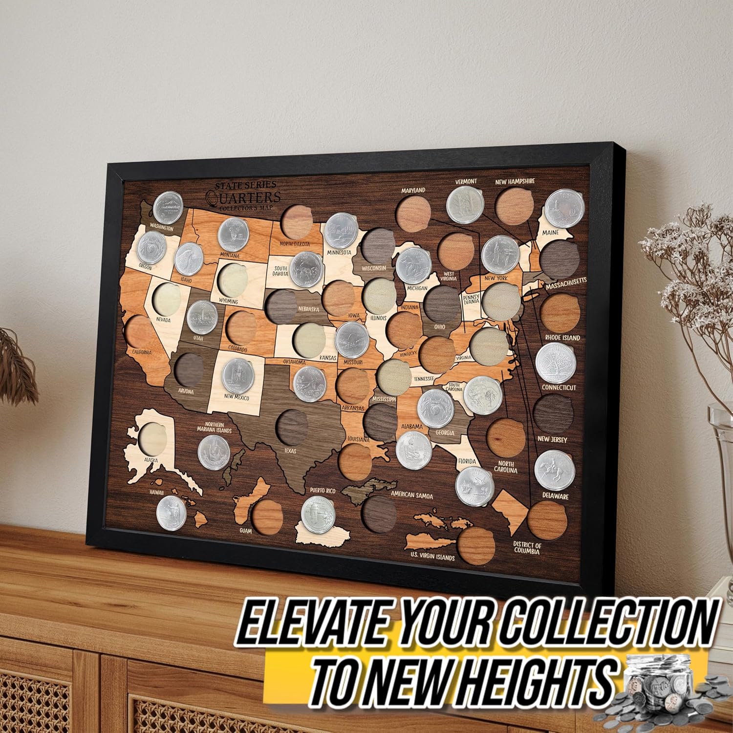 flinelife Wooden State Quarter Collection Map Display, 16x12, 50 States & 6 Territories, Comes With 60 Clear Plastic Coin Capsules for Storage, Perfect For State Quarter Lover and Families Gift