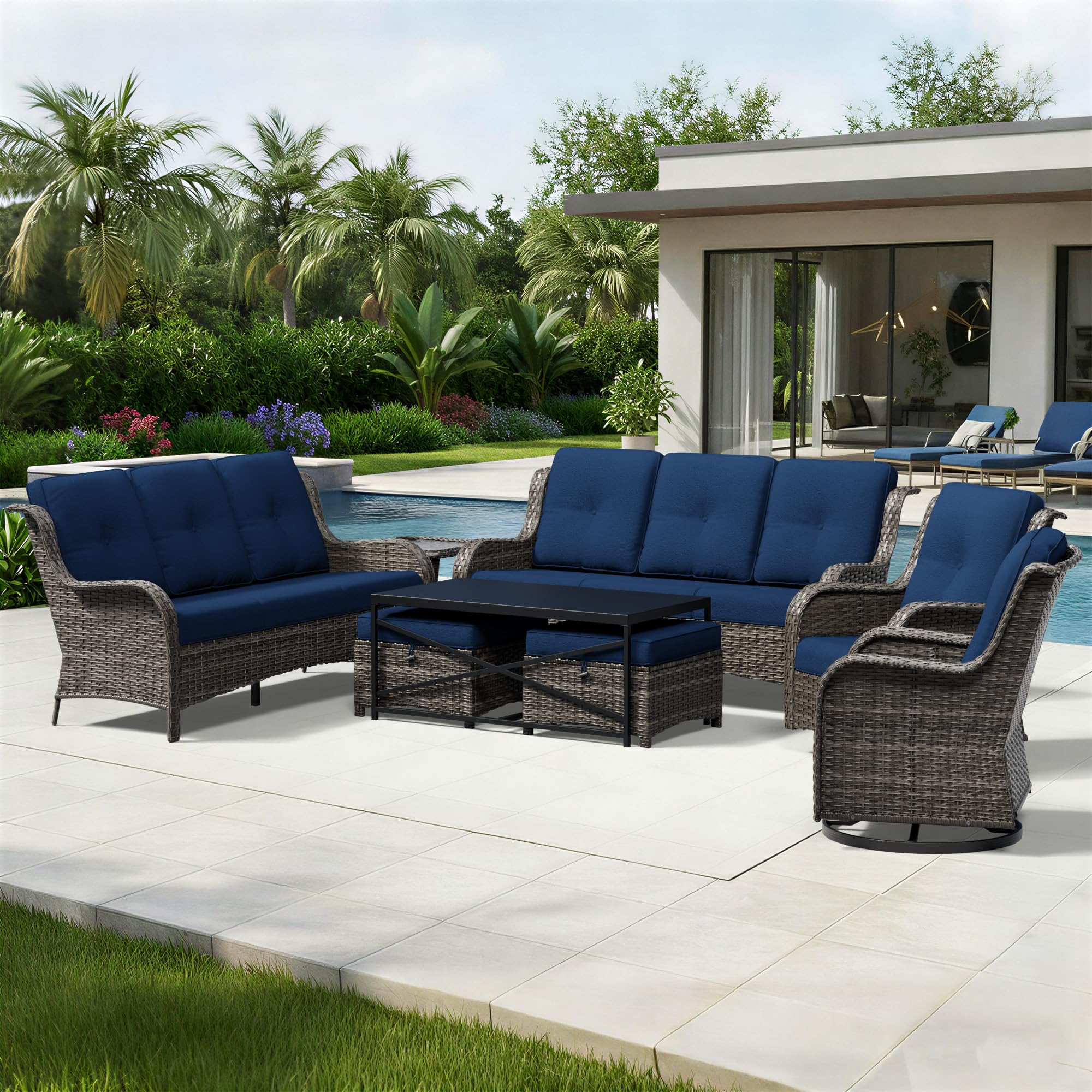 Joyside 8 Piece Wicker Patio Furniture Set, Outdoor Swivel Rocker Patio Chairs with High Back, Deep Seating, Wide Armrest, Thickened Cushions, Outdoor Furniture for Deck, Porch Use