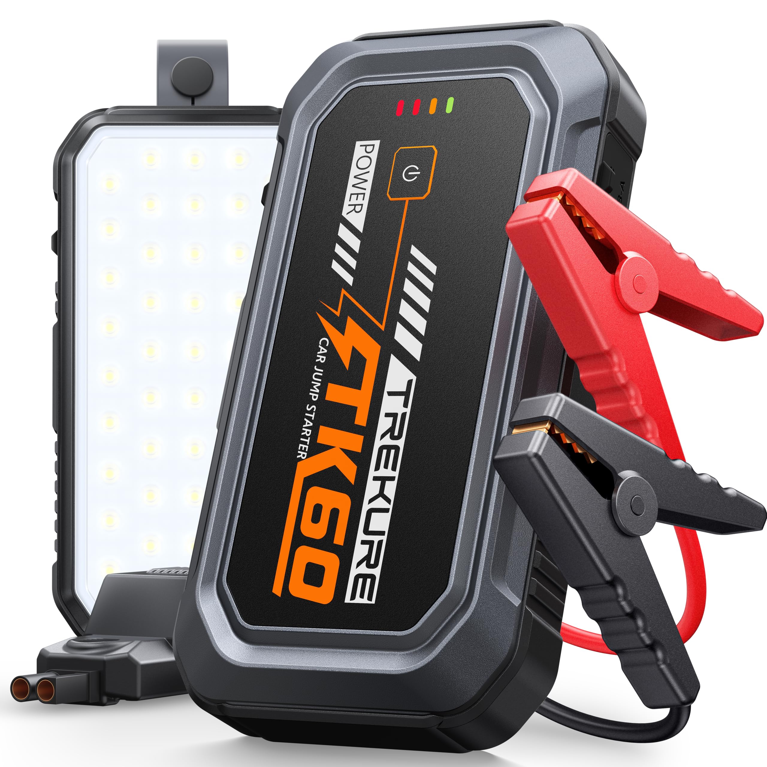 TREKURE TK60 Arrancador de Coches 7000A, Arrancador de Baterías de Coche con Boost(hasta 9,0L de Gas y 8,5L de Diésel), Panel Magnético Frontal, Luz LED de Panel Completo 4 en 1 y Mango de Apertura
