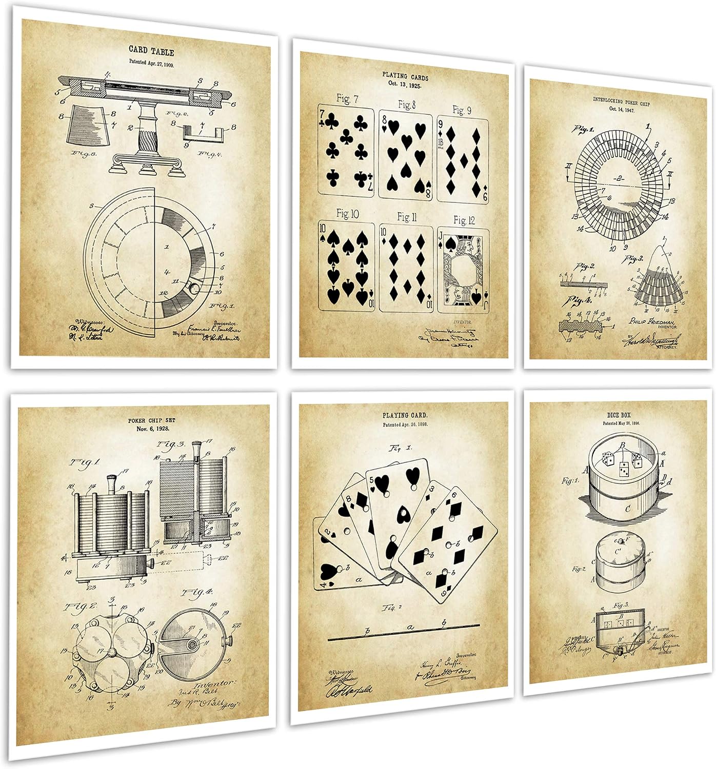 Poker Room Decor Gift Set of 6 Unframed Patent Prints