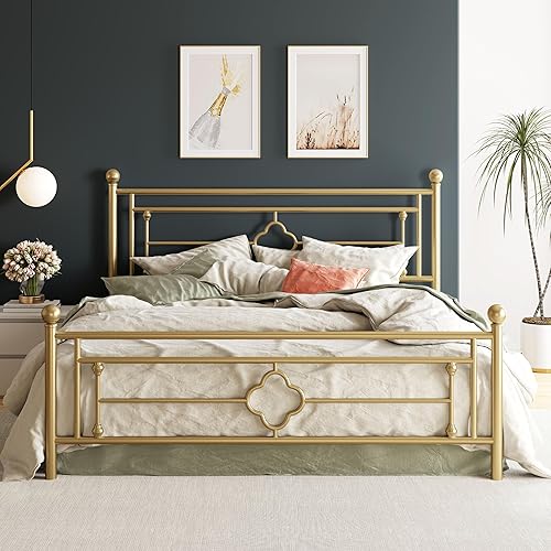 Miniatura 66 de HOOMIC Base de cama de plataforma metálica de tamaño individual de 14 pulgadas con estilo victoriano vintage, cabecera y estribo de hierro