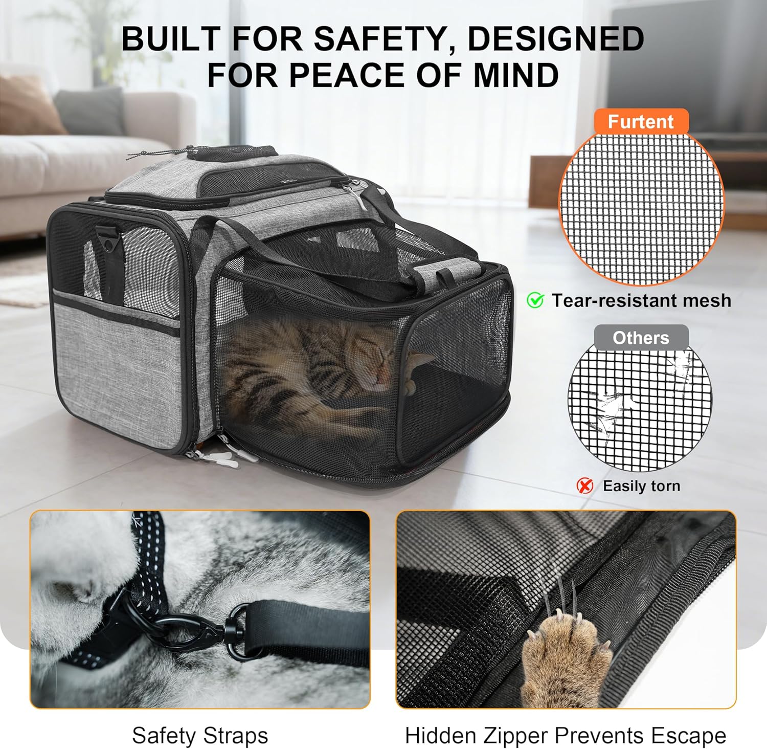 Cat Carrier, Airline Approved Dog Carrier with Top and Side Expansion, 360° Ventilation Soft-Sided Cat Carrier with Safety Leash, Foldable Travel Carrier for Small Cats and Dogs,Grey