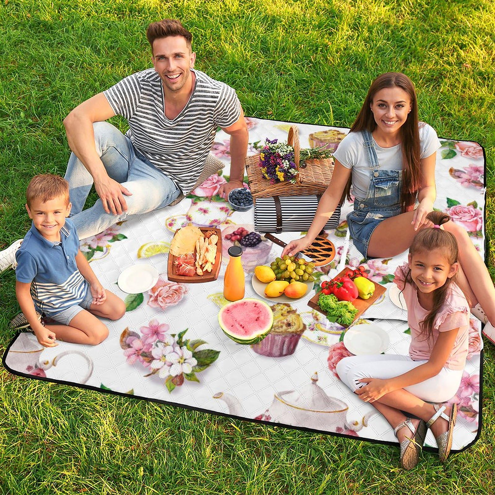 Tappetino da picnic con cerniera, torta e teiera, coperta da picnic floreale, tappeti per esterni, 150 cm x 150 cm