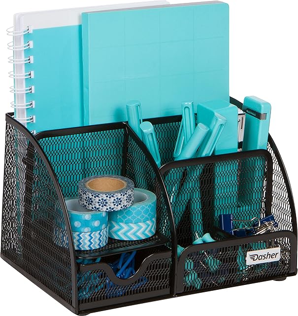Office Desk Organizers and Accessories - 6 Compartment Black Mesh Office Organizer with Sliding Drawer, Desktop Organizer Caddy for Storing Pens, Pencils, Notepads, Staplers, Bills, Paper Clips