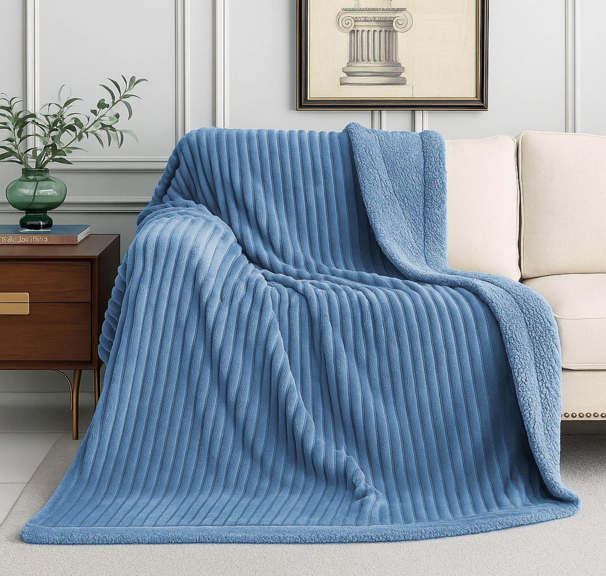 VAS COLLECTIONS Reversible Sherpa Fleece Throw Blanket Plush Flannel Throw, Ultra Soft Warm Ribbed Microfiber All Season/ac Blanket for Sofa Couch Bed, Luxury Thick Striped Blanket, Blue, 220x150 CM,