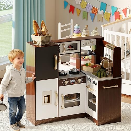 TaoHFE Espresso Corner Play Kitchen con luces, juego de cocina para niños de 1 a 3 años, juego de cocina marrón para niños con accesorios de juego