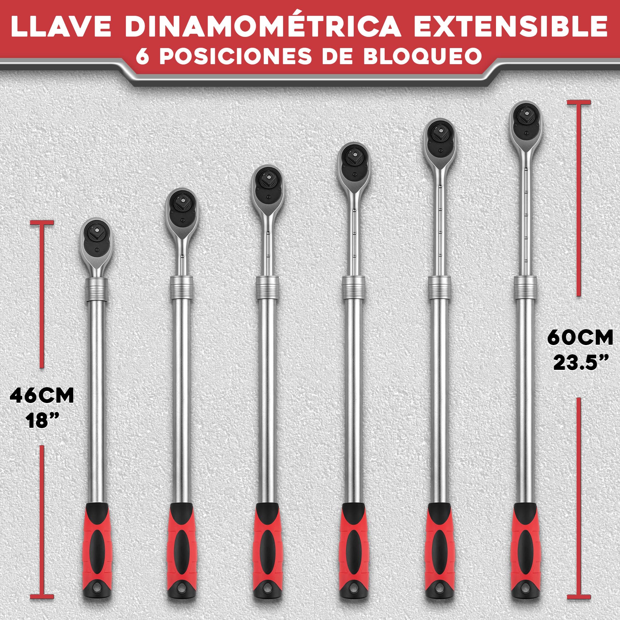 Carraca telescópica - Entrada de 1/2 pulgada, 72 dientes - Mango extensible de 46 a 60 cm - Con 6 posiciones de bloqueo - apriete 660 Nm