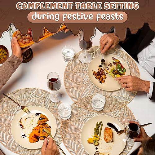 Miniatura 9 de Juego de 6 manteles individuales de vinilo redondos dorados de Navidad, tapete de mesa de cocina, decoración de mesa de comedor y accesorios, 15