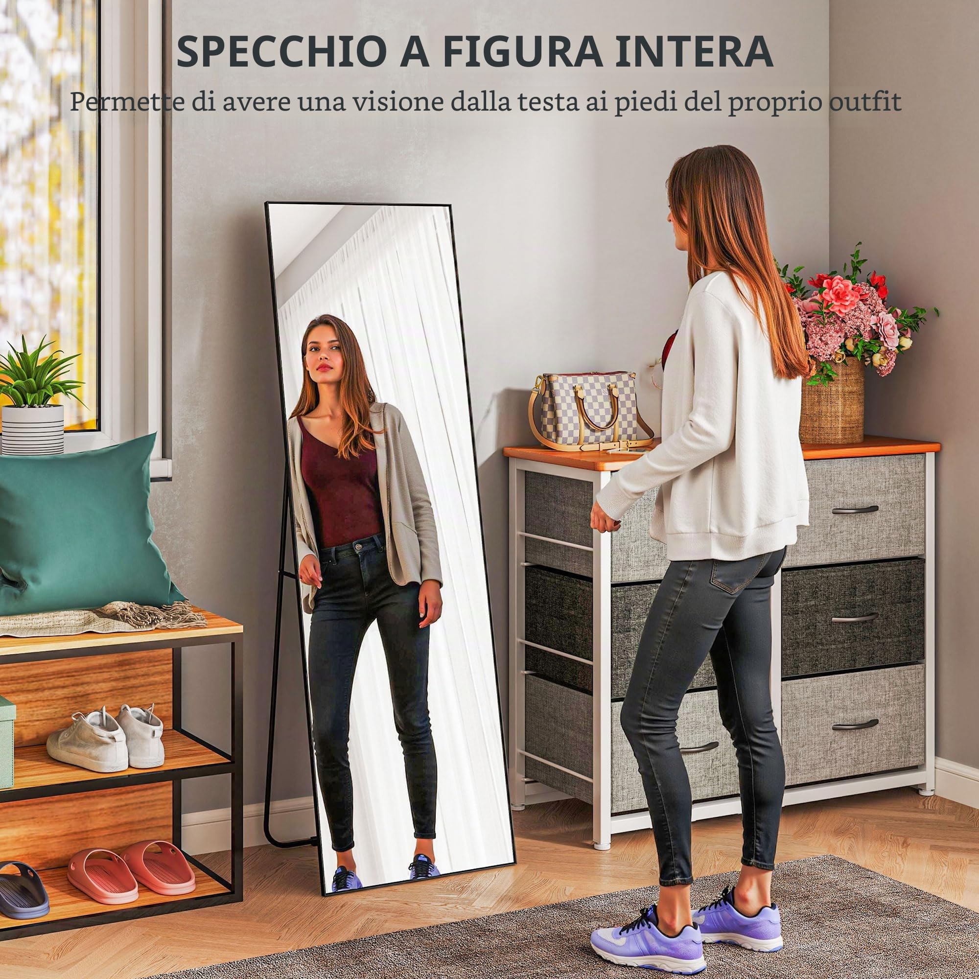 HOMCOM Specchio a pavimento rettangolare a figura intera 50x160cm Nero | Montaggio a parete o appoggiato a parete, per camera da letto, soggiorno e spogliatoio