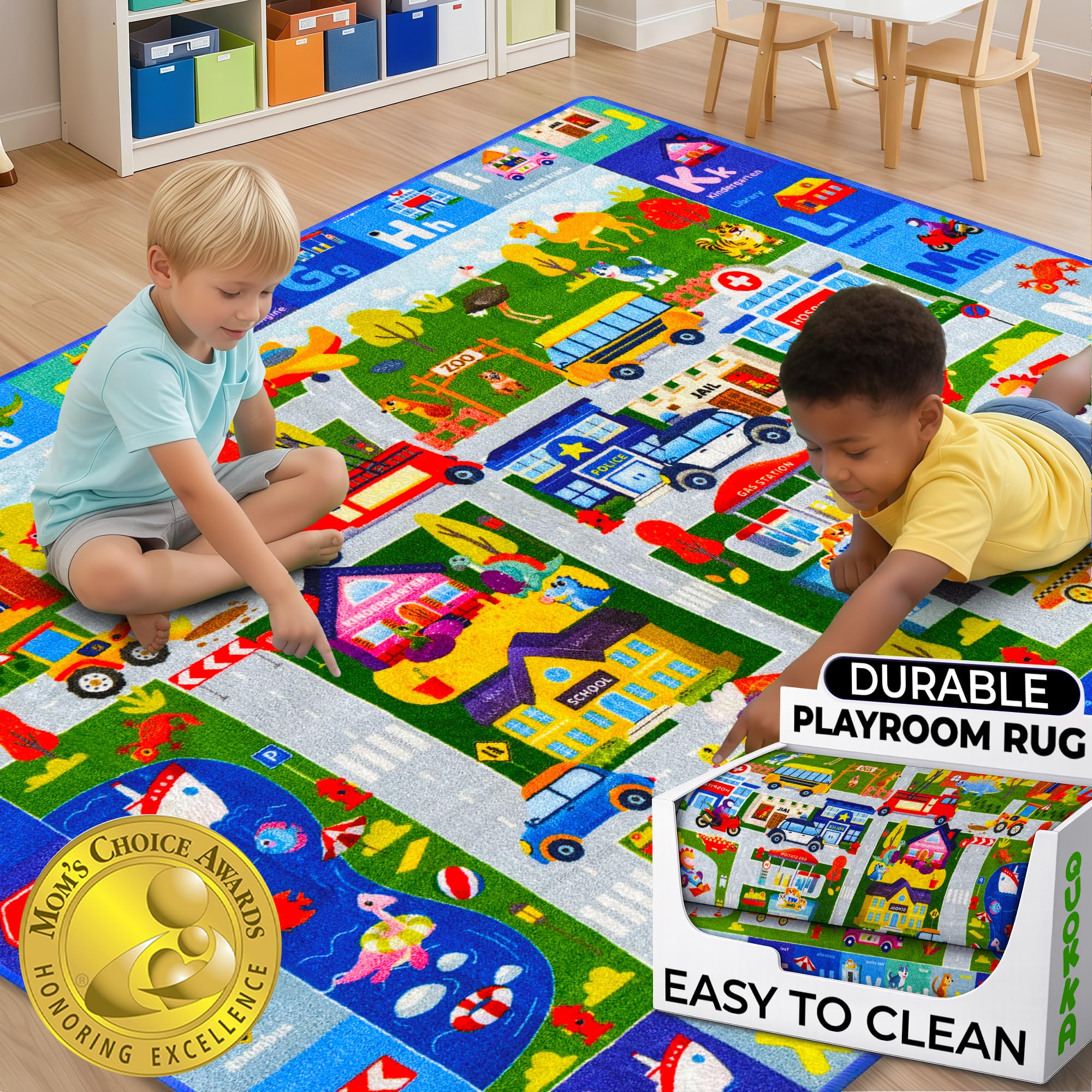 QUOKKA Tapis de salle de classe pour enfants – 198 x 140 cm – Tapis ABC pour salle de jeux – Tapis d'apprentissage de l'alphabet pour chambre à coucher – Tapis de ville pour garçons et filles – Tapis