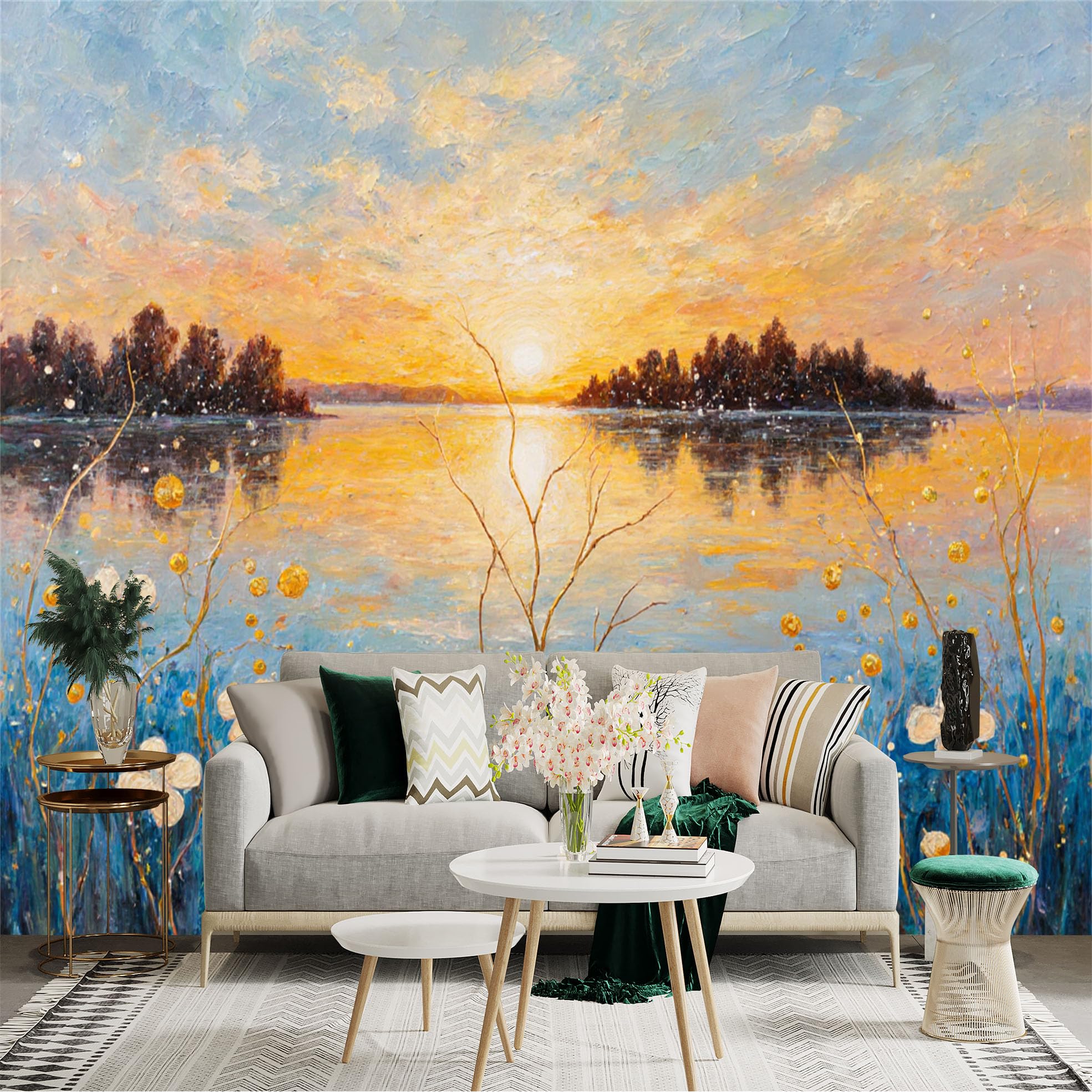 Lnzczhyre Xc260505515 Custom Size Wall Sticker Mural， Golden Sunset Over Serene Lake， Impressionist Landscape With Wildflowers， For Wall Decoration， Peelandstick Wall Decals.