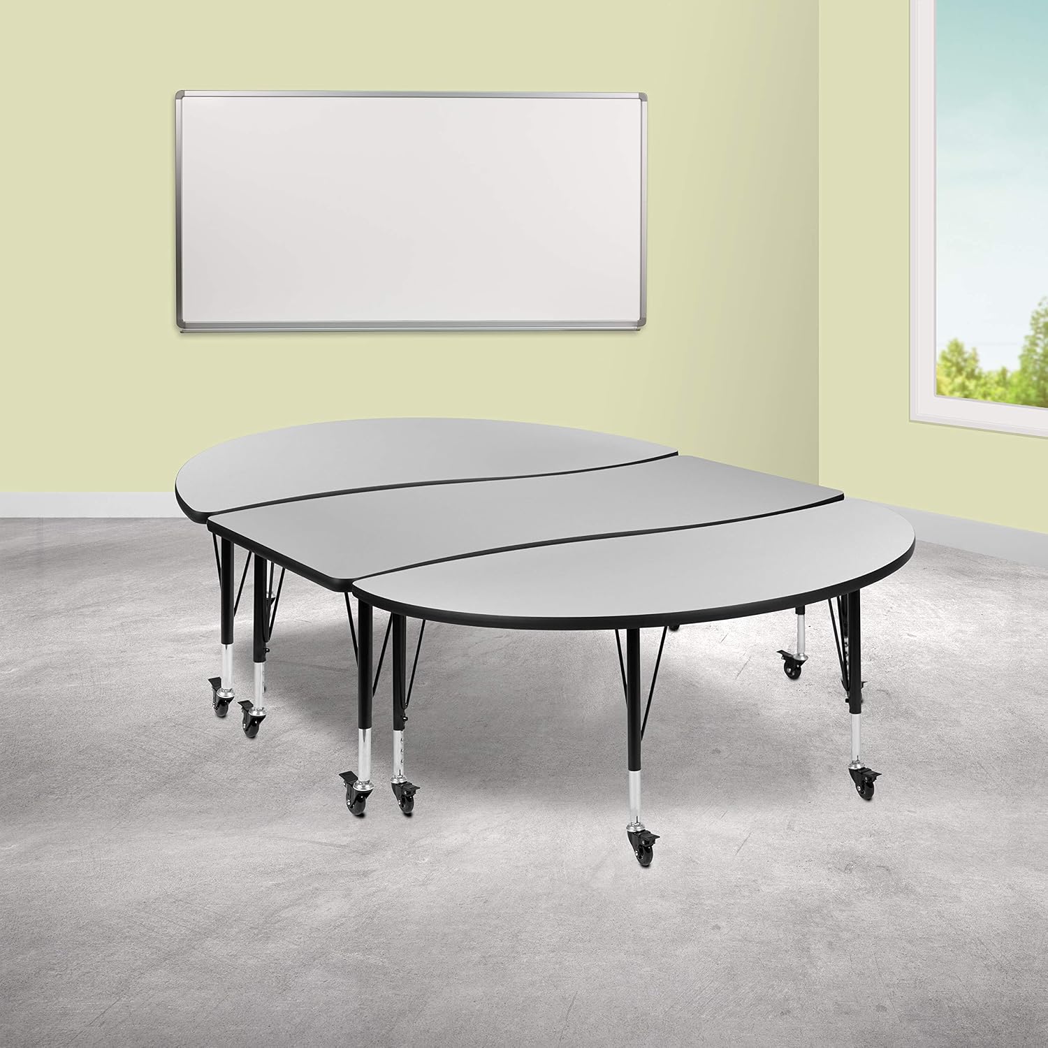 EMMA + OLIVER 3PC Mobile 86" Oval Wave Collaborative Grey Kids Adjustable Activity Table Set
