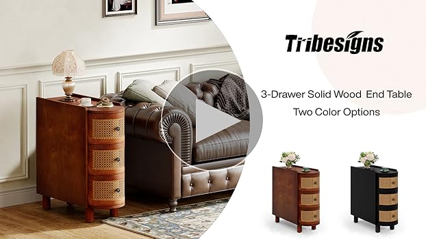 ニューダンガンロンパV3 The Neworder Table Tribesigns Wood End Table, 3-Drawer Side Table with 3 Rattan