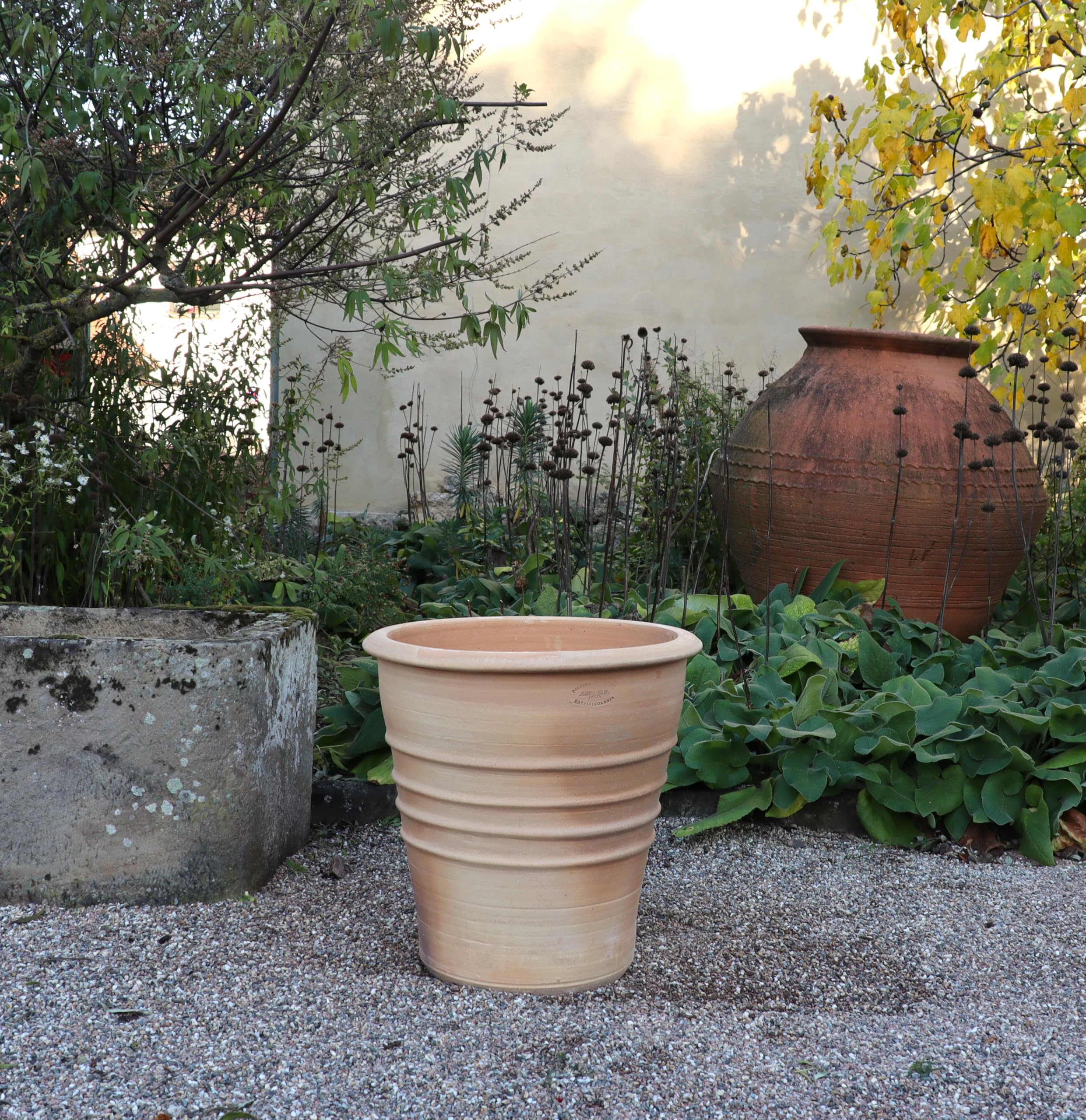Palatina Keramische grote plantenbak met handvat, 70 cm, handgemaakt en vorstbestendig, hoge terracotta pot, bloempot voor tuin, terras, roze 2