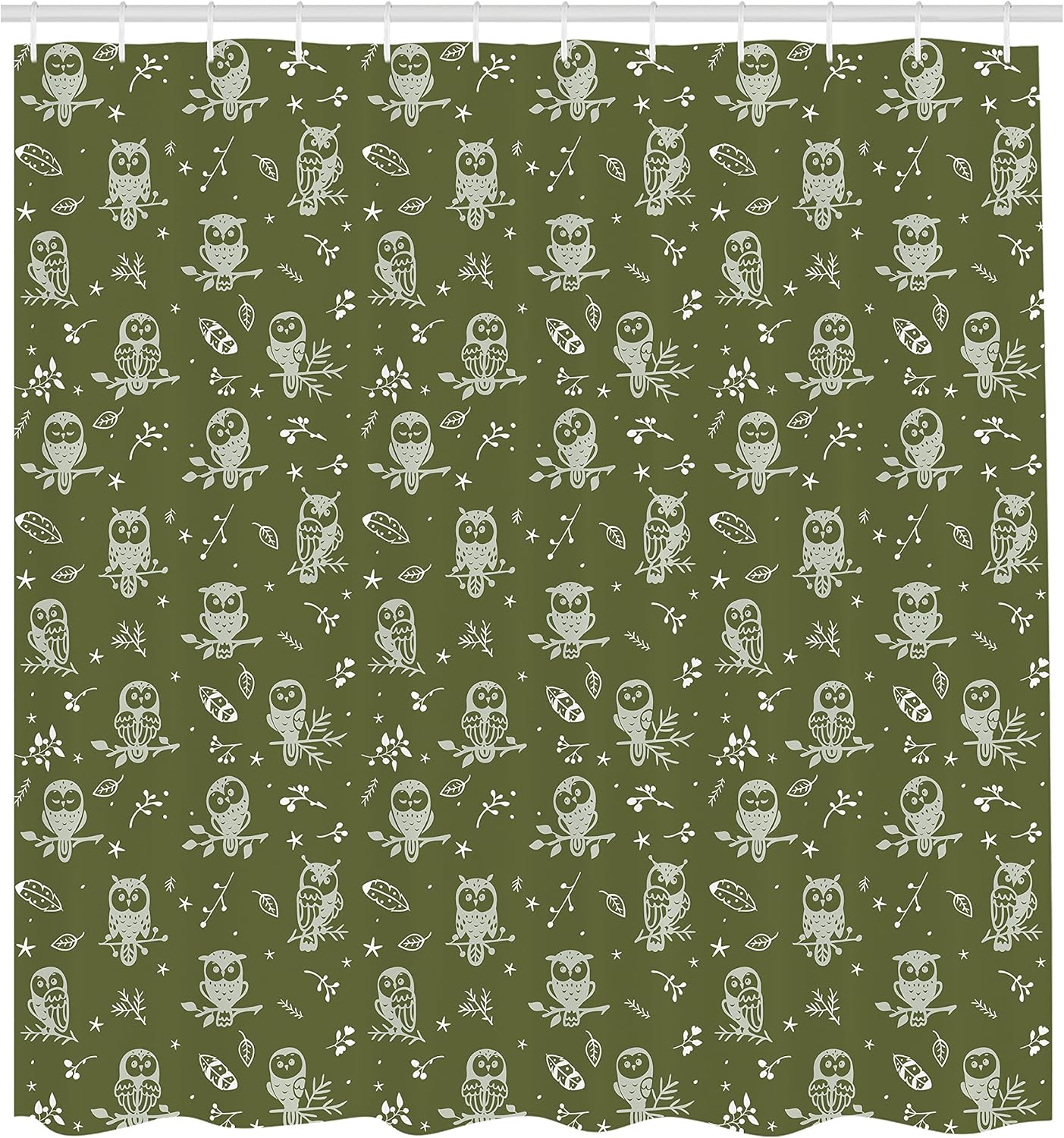 Ambesonne Owl Shower Curtain, Cartoon Style Illustration of Birds on The Branches Mysterious Woods Print, Cloth Fabric Bathroom Decor Set with Hooks, 69" W x 75" L, Olive