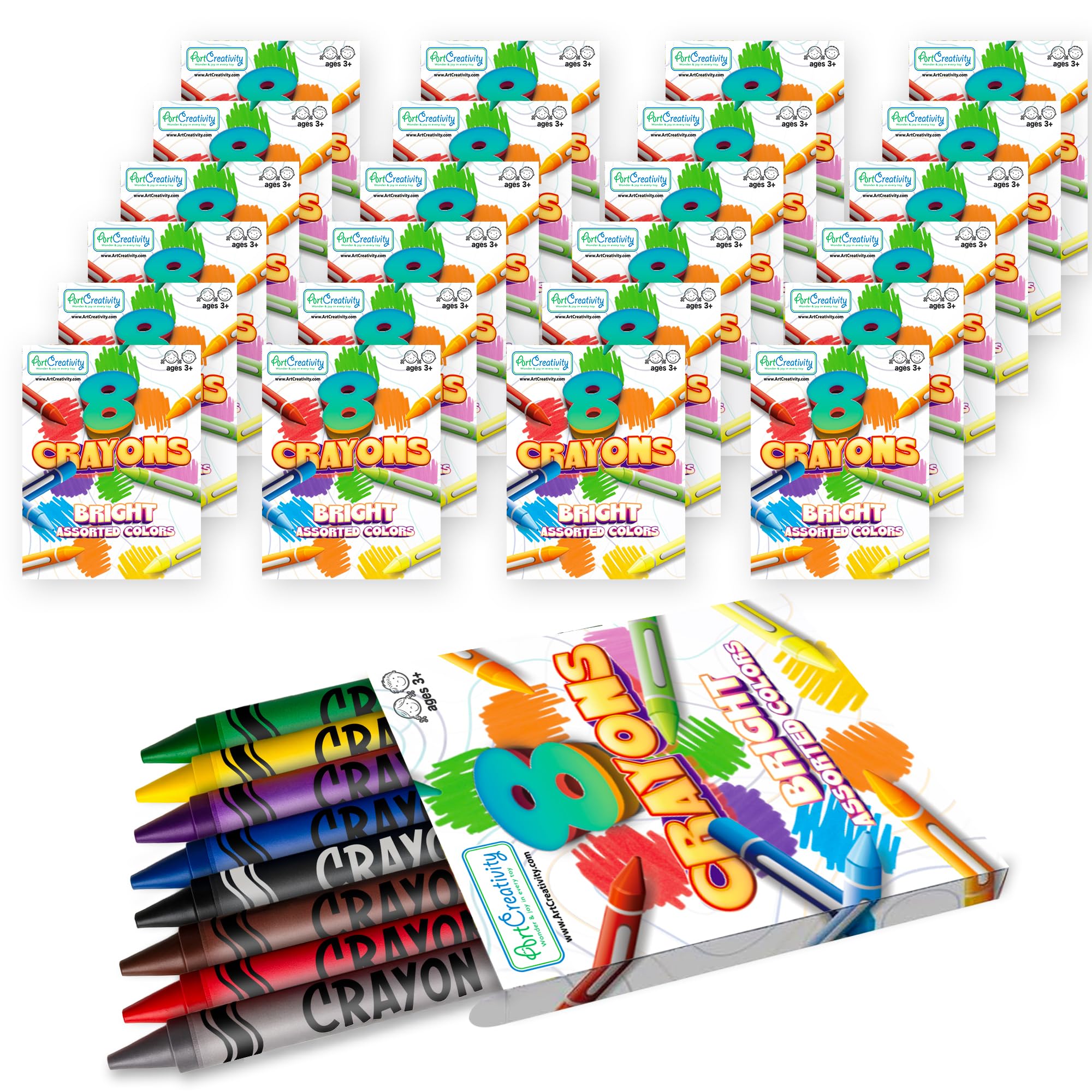 ArtCreativity Bulk Crayon Packs, 24 Sets of 8 Packs of Crayons (192 count), Classroom Crayons for Students, Non-Toxic Crayon Party Favors for Kids,