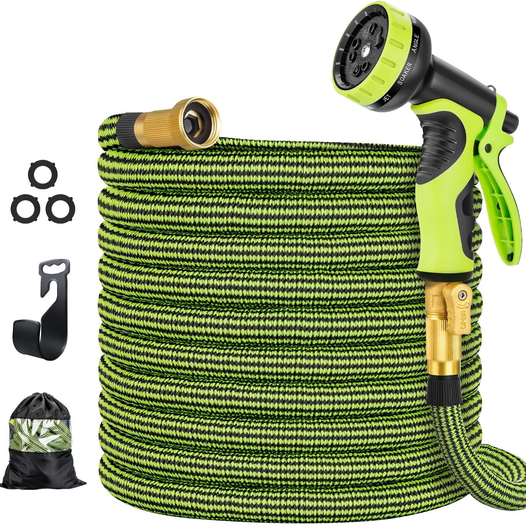 HOSPAIP Garden Hose 50 ft Water Hose with 10 Function Hose Nozzle, Expandable Garden Hose with Hose Holder, Flexible Lightweight Water Pipe with Brass Fittings, Expanding Car Wash Hose (Green)