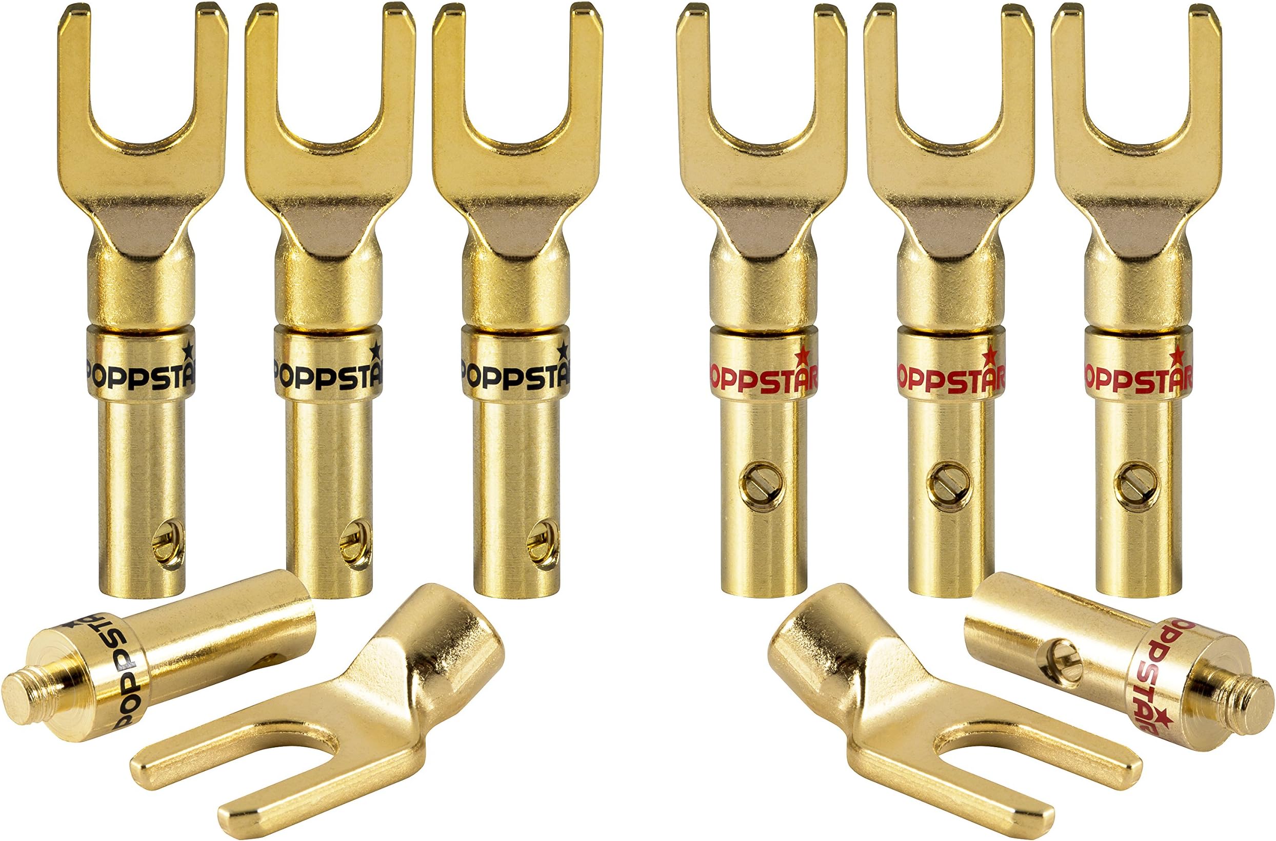 POPPSTAR 4 Fiches Bananes Haut De Gamme (Blindées) Plaquées Or 24 Carats - Pour Câbles Enceintes Jusqu'à 6mm² (2 Rouge, 2 Noir)