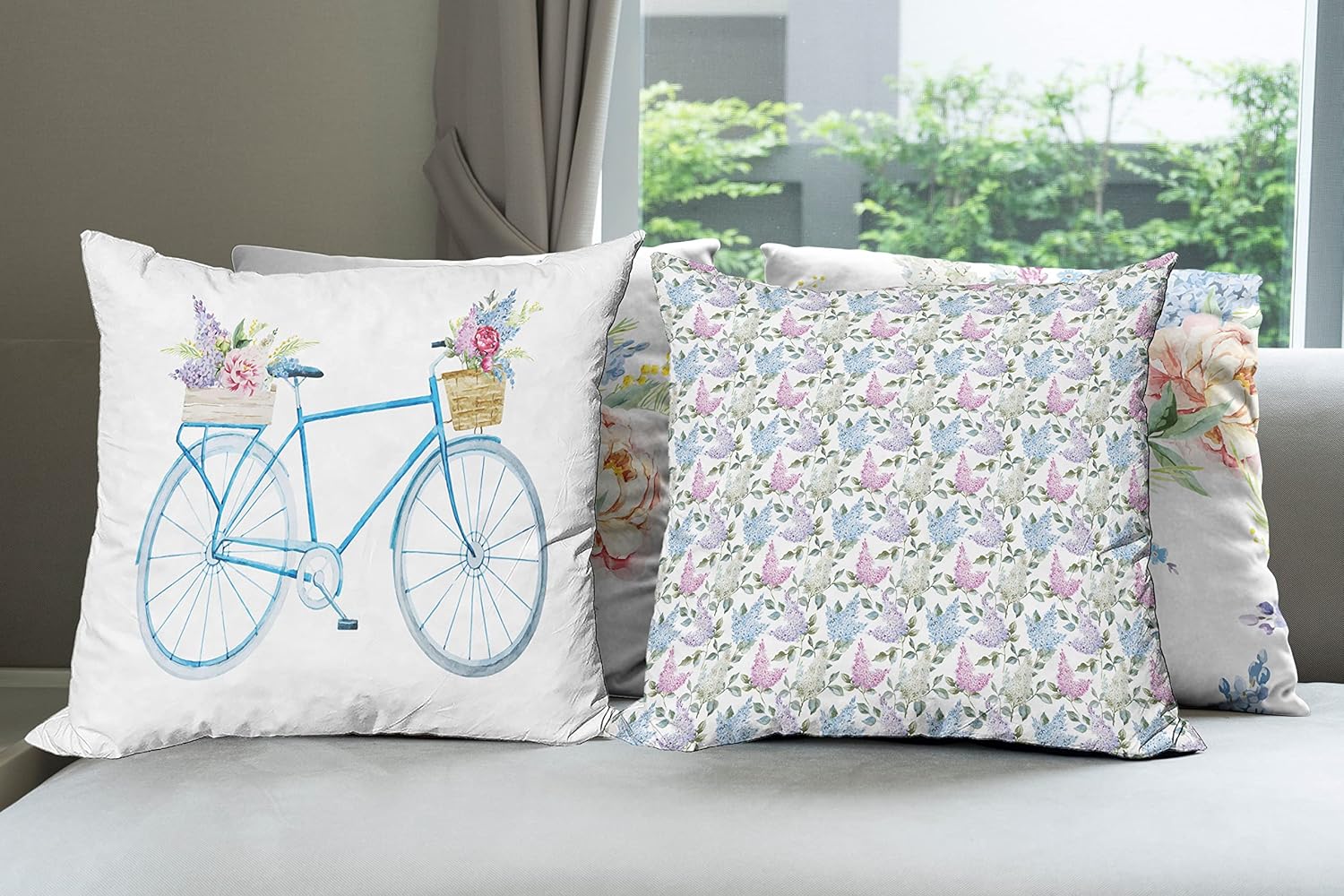 Ambesonne Vintage Throw Pillow Cushion Case Pack of 4, Romantic Style Nostalgic Flower Bouquets in Soft Pastel Tones and Bicycle Print, Modern Accent Double-Sided Digital Printing, 16", Pink Blue