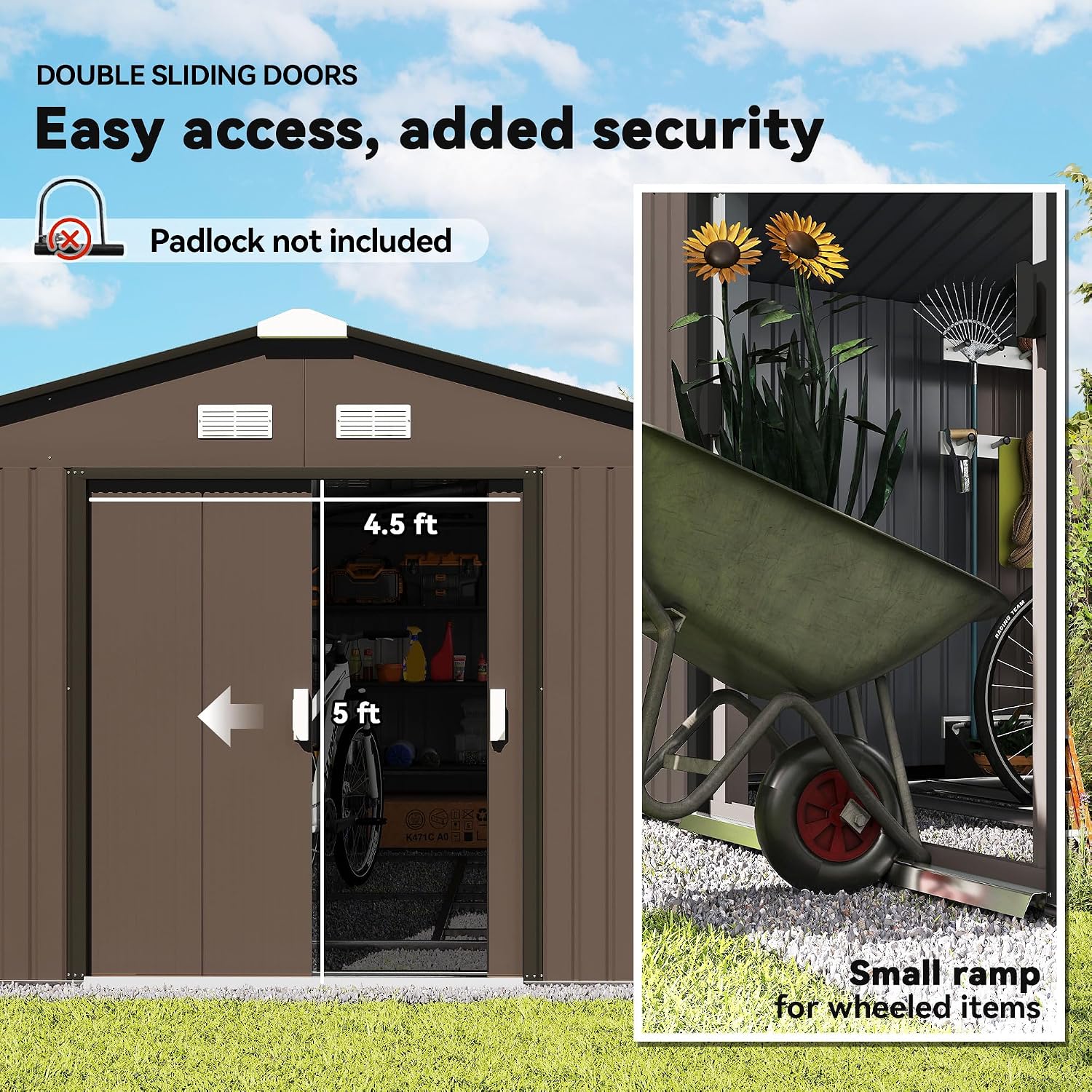 Close-up of double locking doors, ventilation vents, warm brown finish, and galvanized steel frame on storage shed