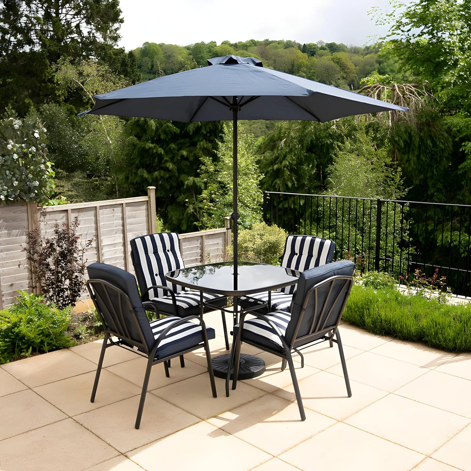 Hectare 4 Seater Metal Garden Furniture Outdoor Dining Set with Table and Parasol in Navy and White Stripe