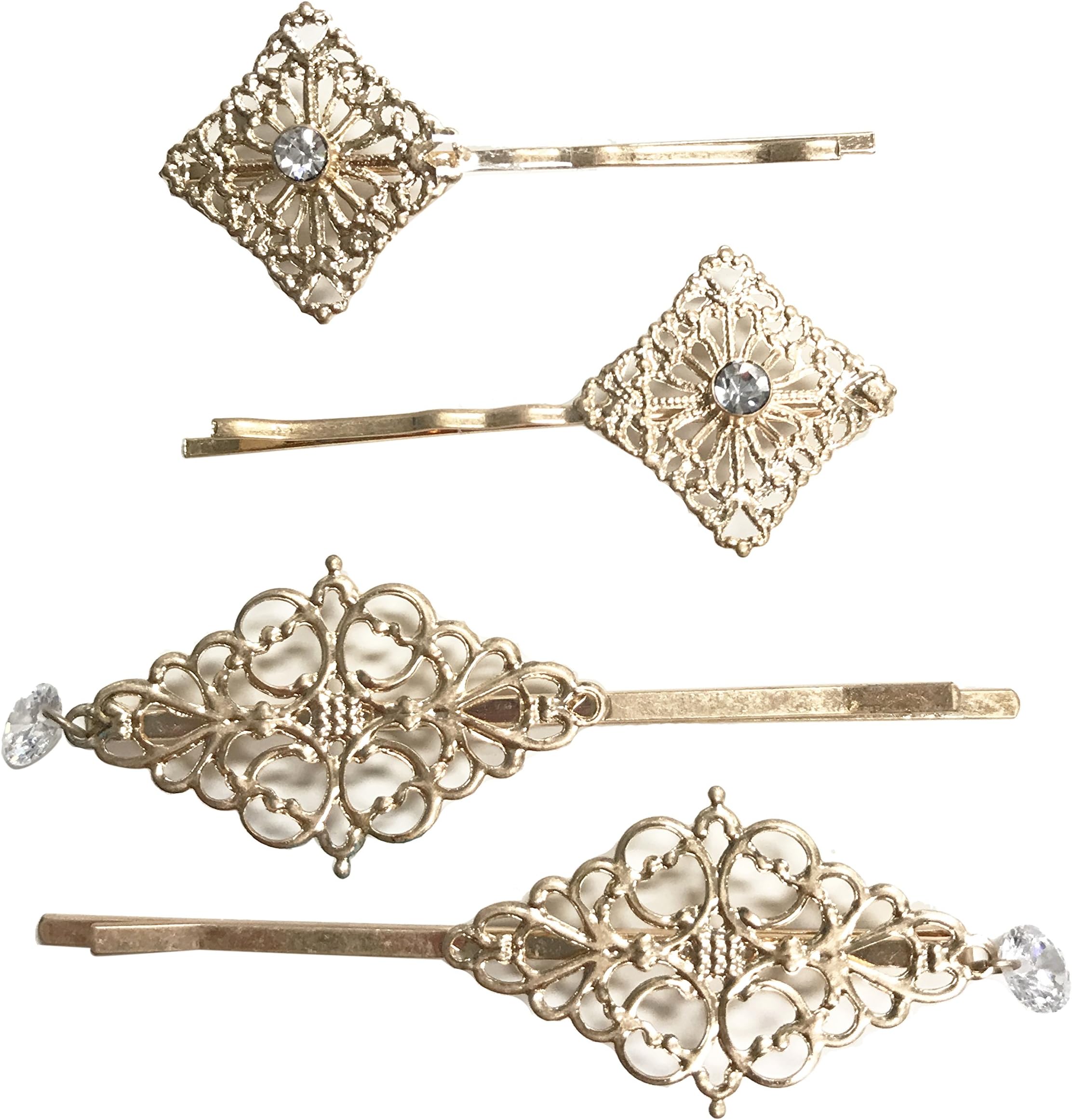 4 piece filigree hair pin bobby pin set with cz stone