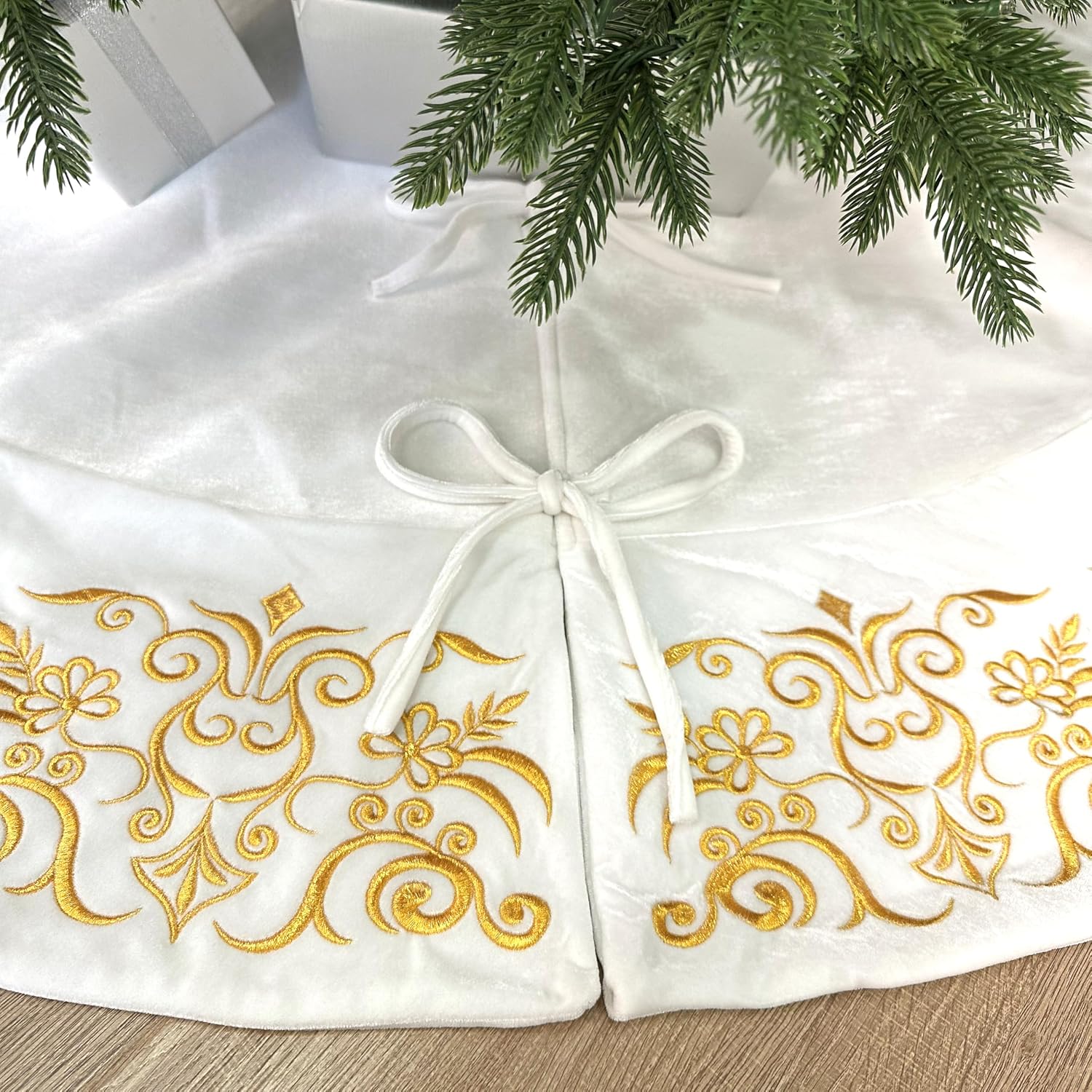 60-Inch Victorian Velvet Christmas Tree Skirt with Gold Damask Embroidery and Plush Lace Ties, Ivory