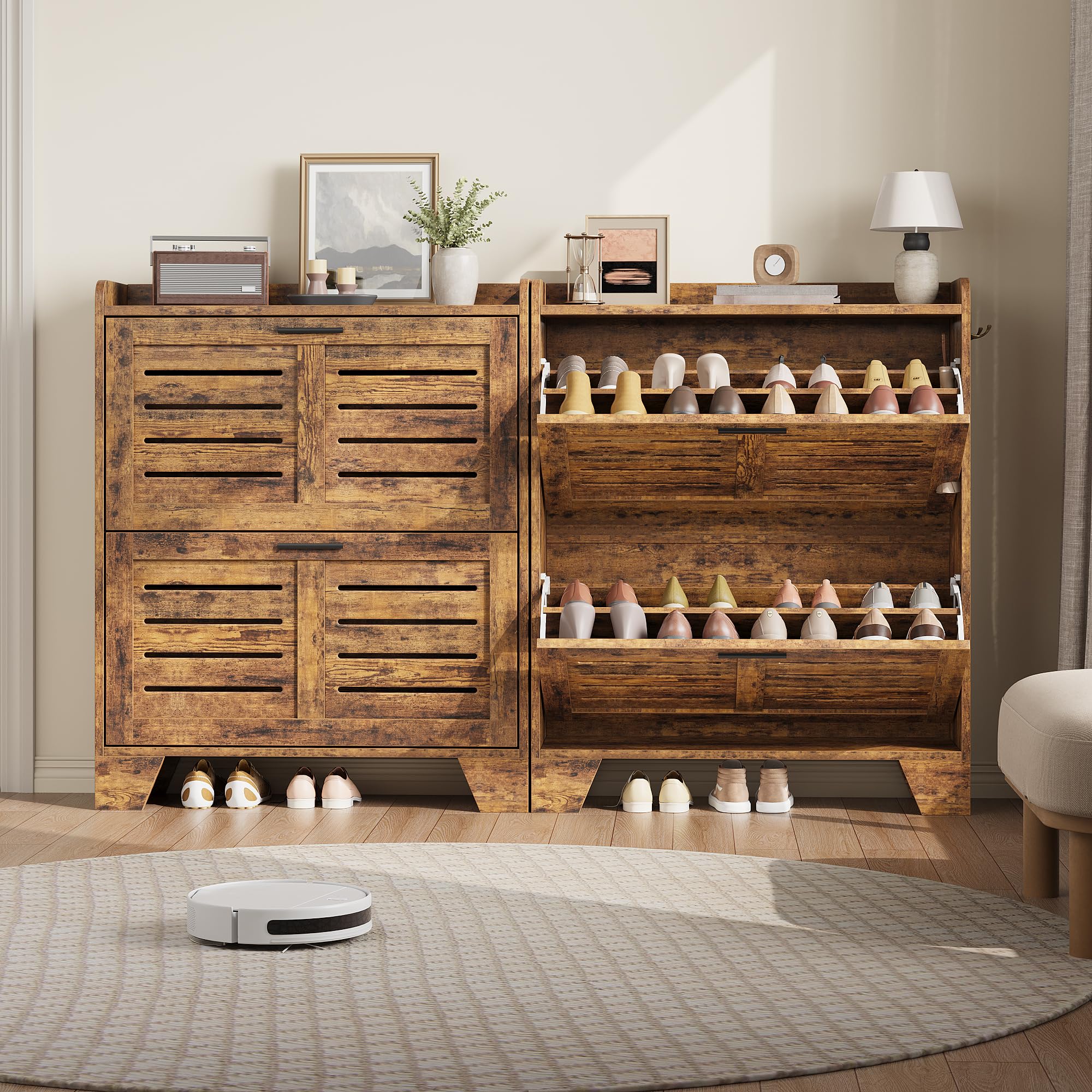 Garvee Ahorra espacio y ordena tu entrada - Armario zapatero estrecho de madera con 2 cajones abatibles y ganchos laterales, organizador de zapatos estilo granja rústica, ideal para espacios pequeños,