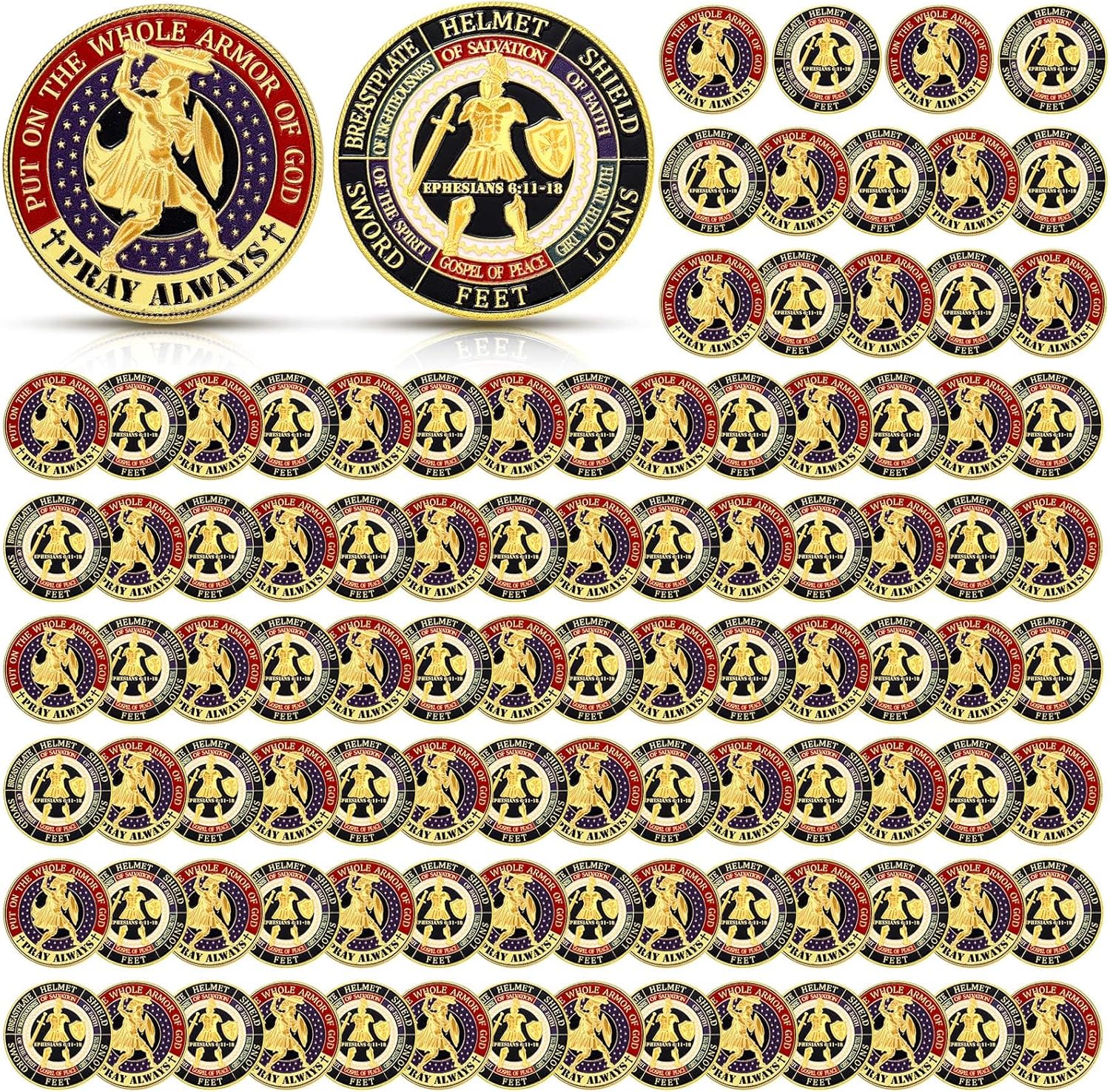100 Pcs Put on the Whole Armor of God Coins Bulk Christian Challenge Commemorative Religious Prayer Metal Coins Gifts for Collectors Church Party Military Souvenir Collectible