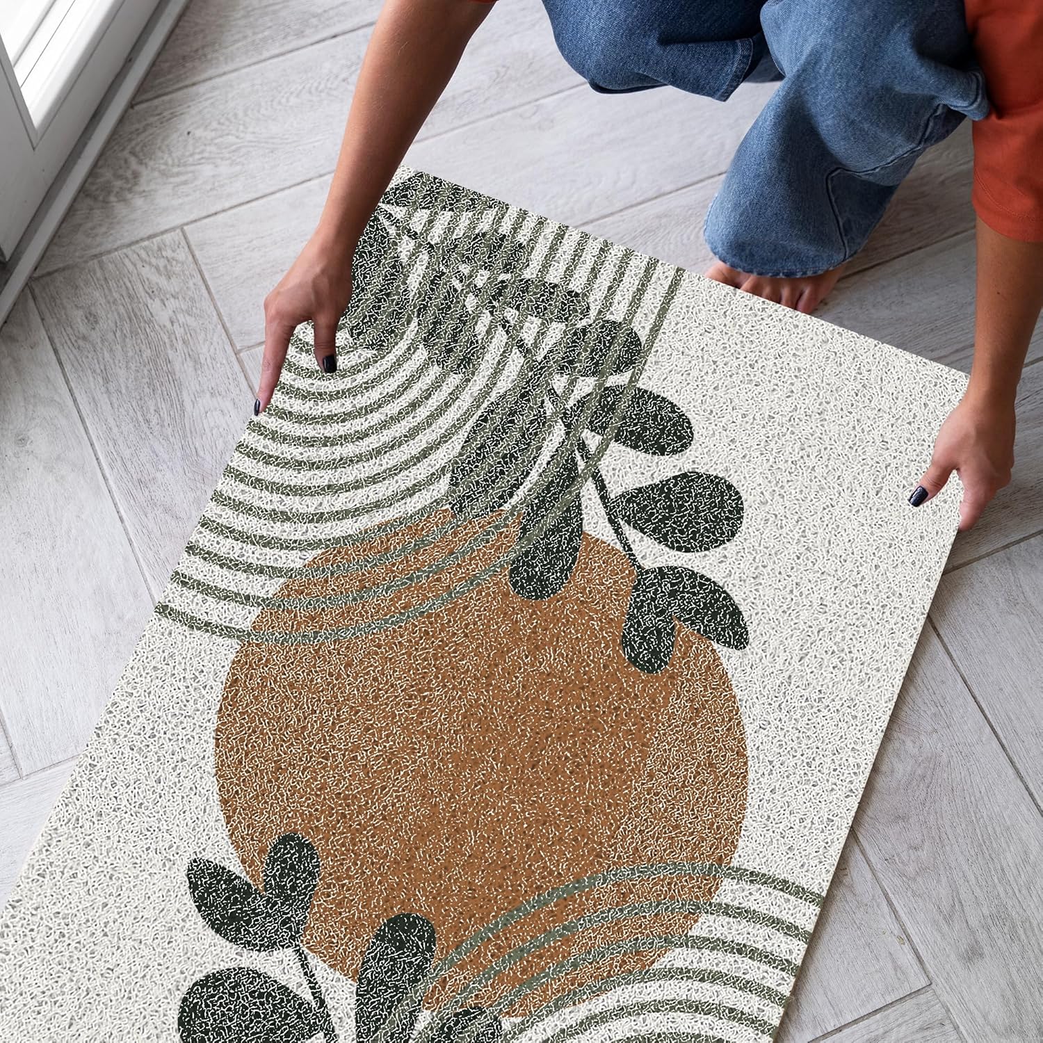 NATSUNO Boho Abstract Door Mat, Minimalist Orange and Green Doormat Indoor Outdoor Entrance Porch, Mid Century Modern Welcome Mats for Front Door, Boho Bathmat for Bathroom, 17x30 Inches