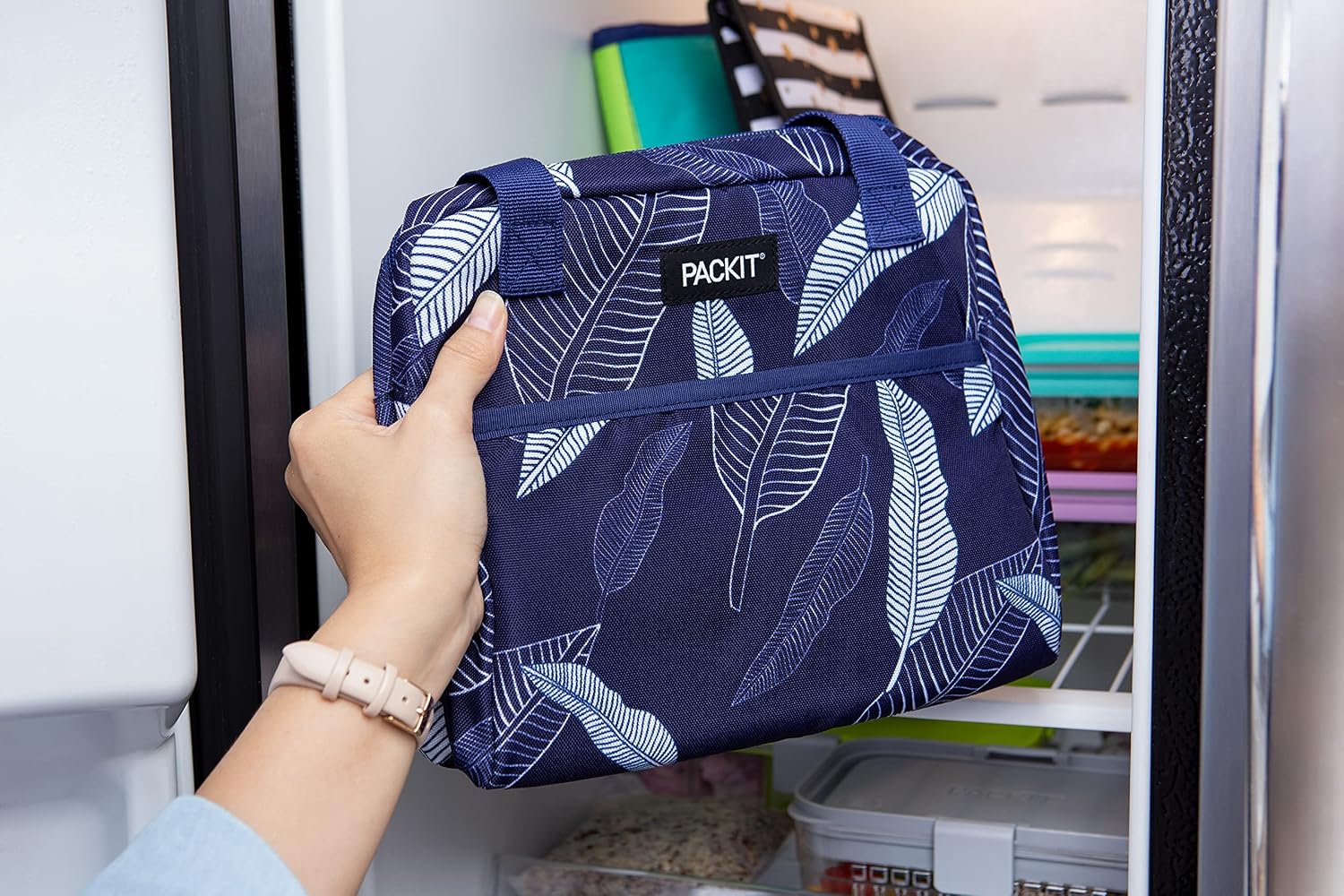 PackIt Freezable Hampton Lunch Bag, Navy Leaves