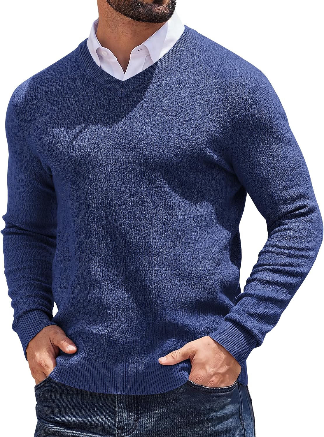 COOFANDY Mens V Neck Sweaters Textured Knit Dress Sweaters Long Sleeve | Soft Textured Knit,Classic V-Neck Layering Style,Ribbed Cuffs and Hem,Slim Fit,2026 Fall Winter Outfits,Business Casual Wear