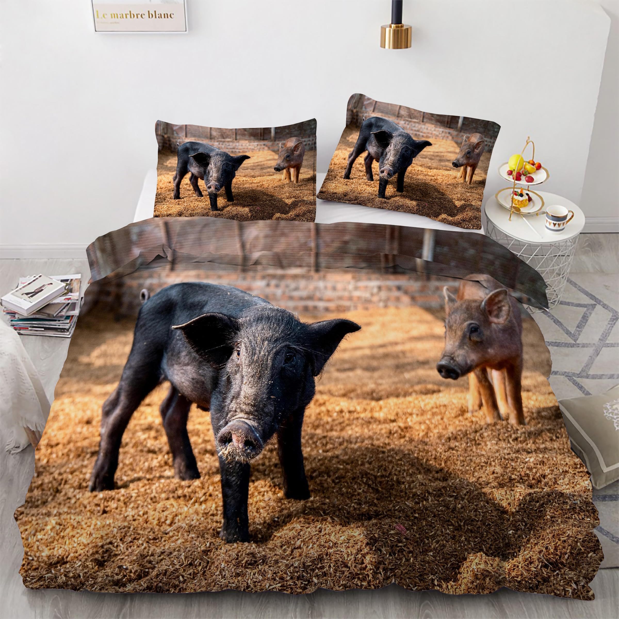 Housse de couette 200x200 cochon noir parure lit sanglier 3 pièces microfibre