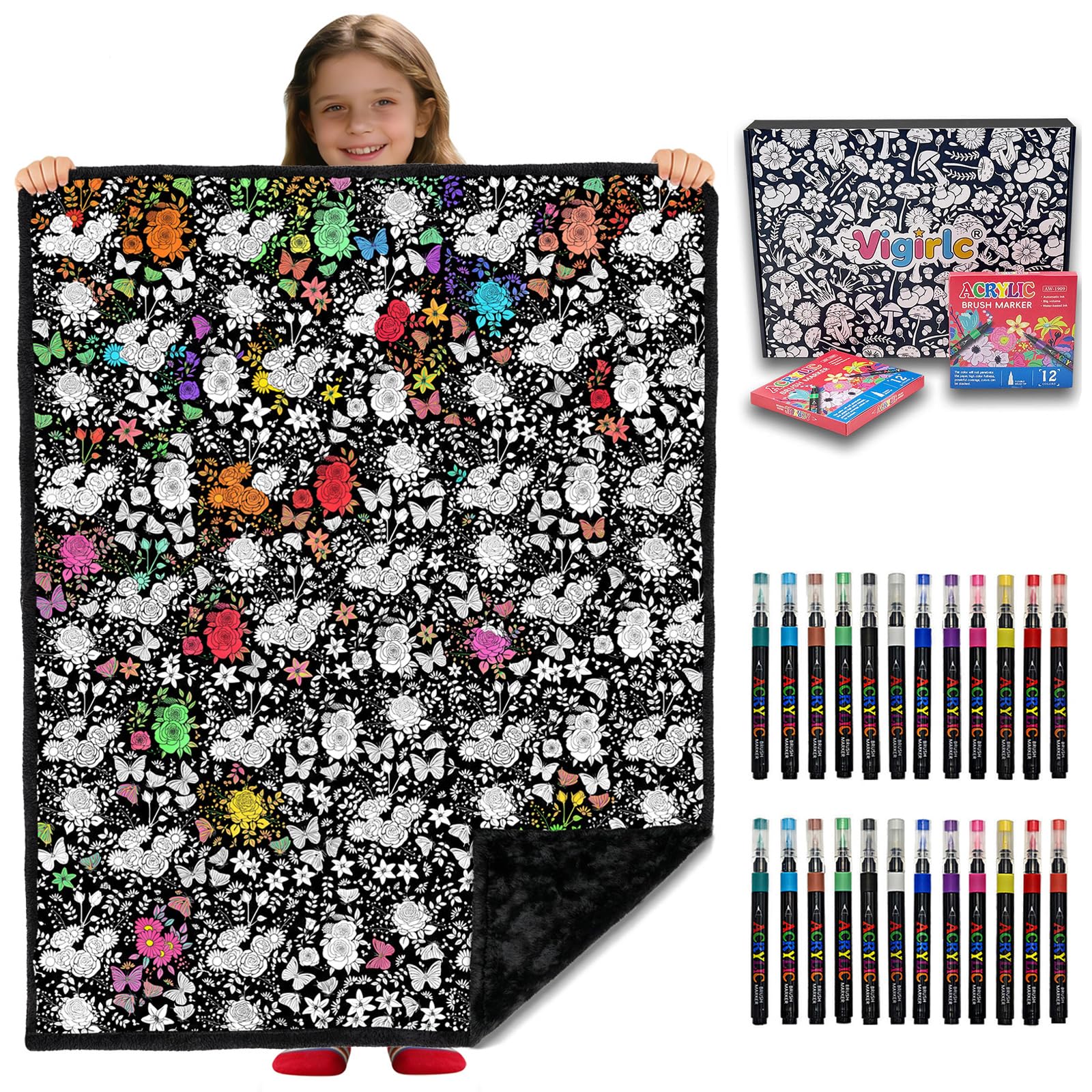 DIY Coloring Blanket for Adults & Kids, 50 x 60 Inch (Flowers) | 2 Sets of 12 markers, double-sided and velvet back, machine washable, for all ages, daily use & home decor