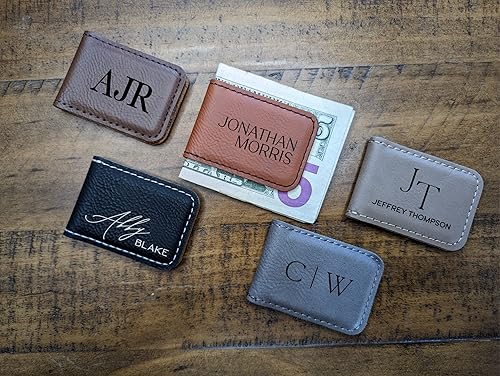 Miniatura 4 de Personalized Engraved Money Clip with Magnetic Closure, Custom Engraved Minimalist Leather For Him (Dark Brown)