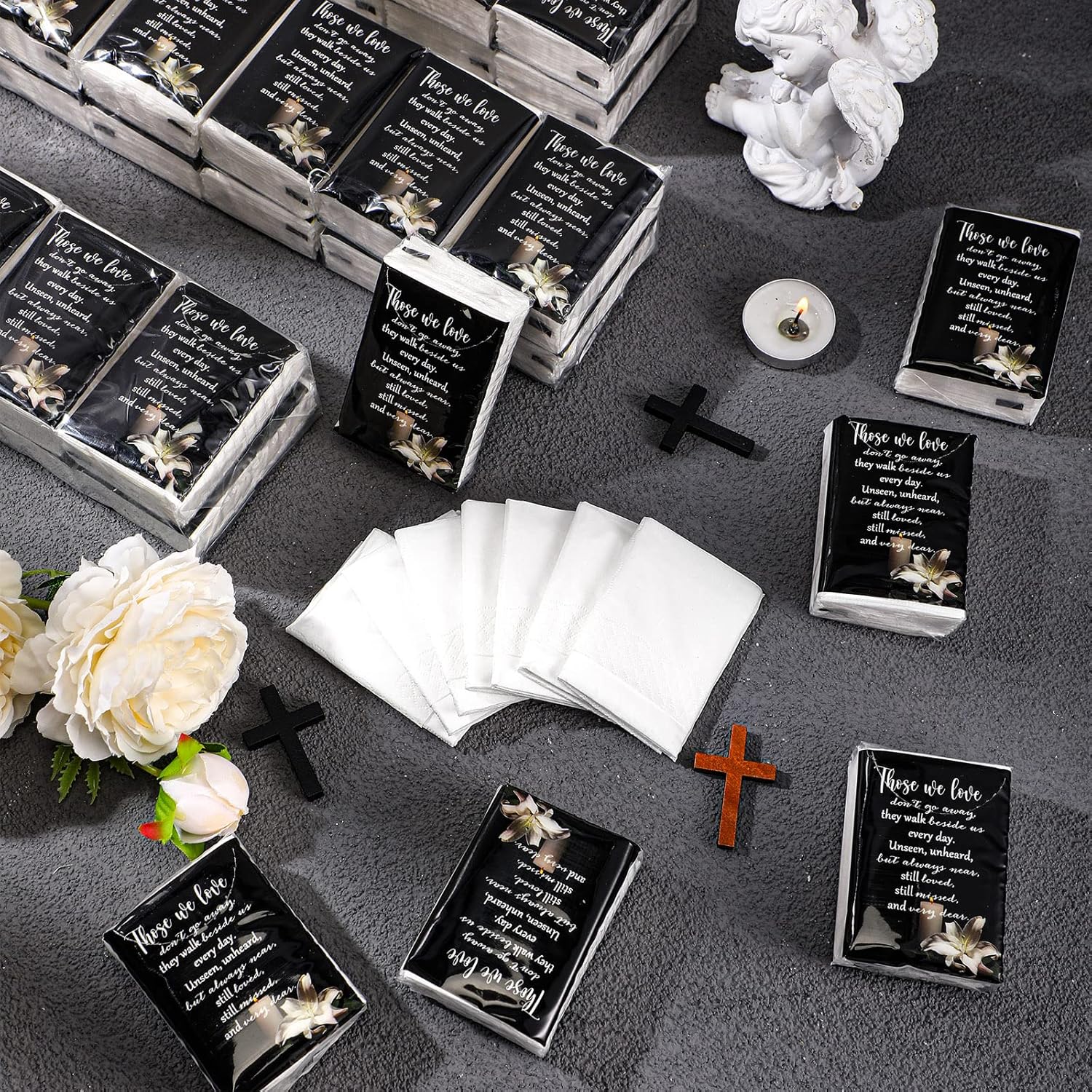 100 Packs Funeral Facial Tissues Memorial Keepsake Pocket Tissue Those We Love Don't Go Away Inspirational Poem Tissue 3 Ply Napkin Packs Funeral Favor for Guests Family Relative, 700 Sheets(Black)