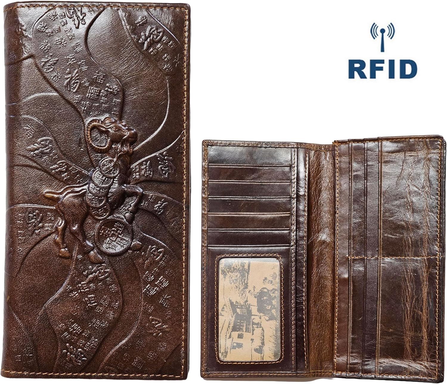 Genuine Leather Bifold Long Wallet for Men, Retro Vintage Embossed Clutch with Zipped Coin purse & Credit card Slots. RFID Blocking. Goat- Brown - Image 2